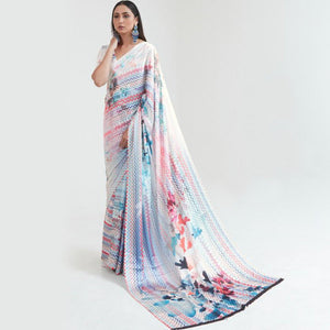 Intricate Multi Coloured Casual Wear Digital Printed Satin Saree - Peachmode
