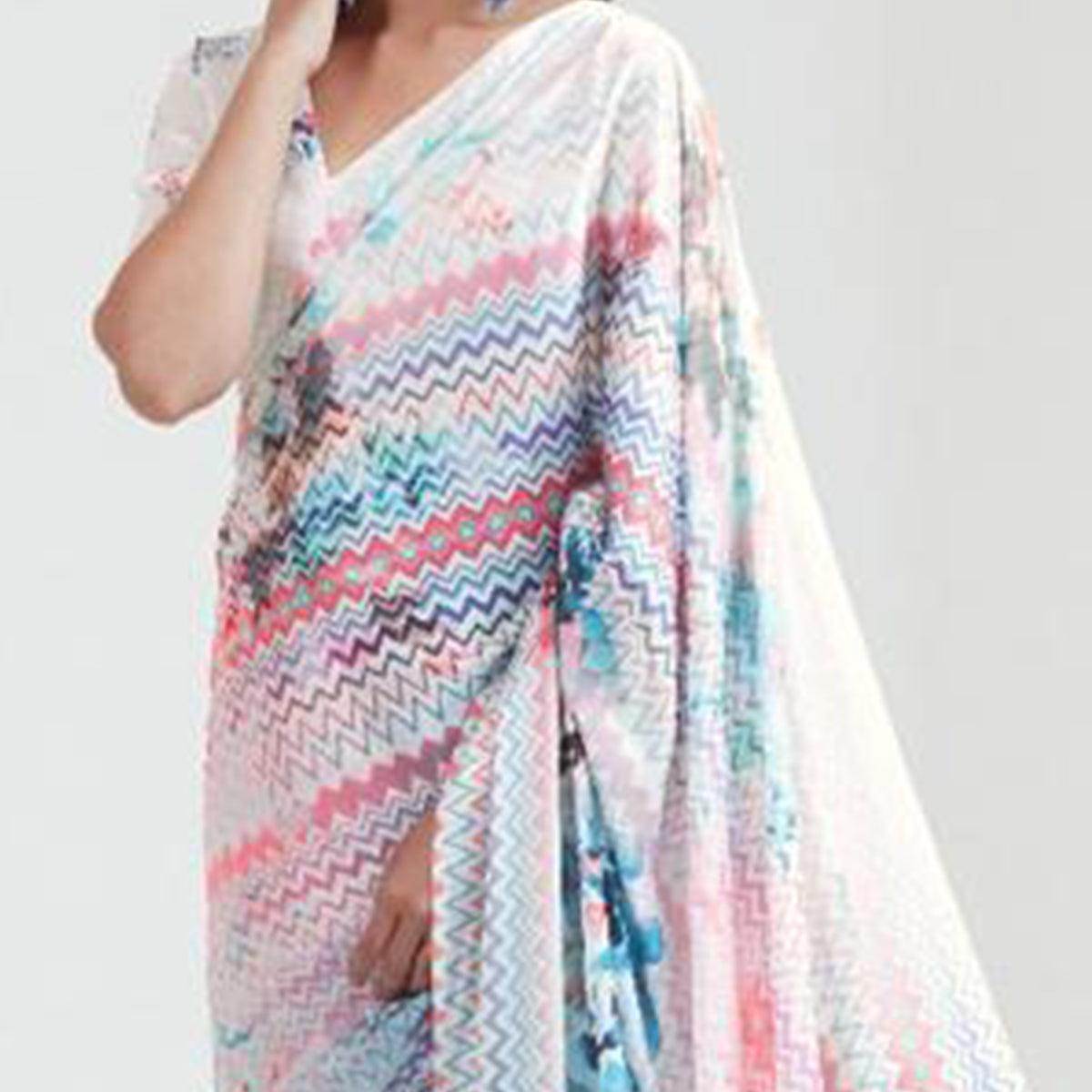 Intricate Multi Coloured Casual Wear Digital Printed Satin Saree - Peachmode