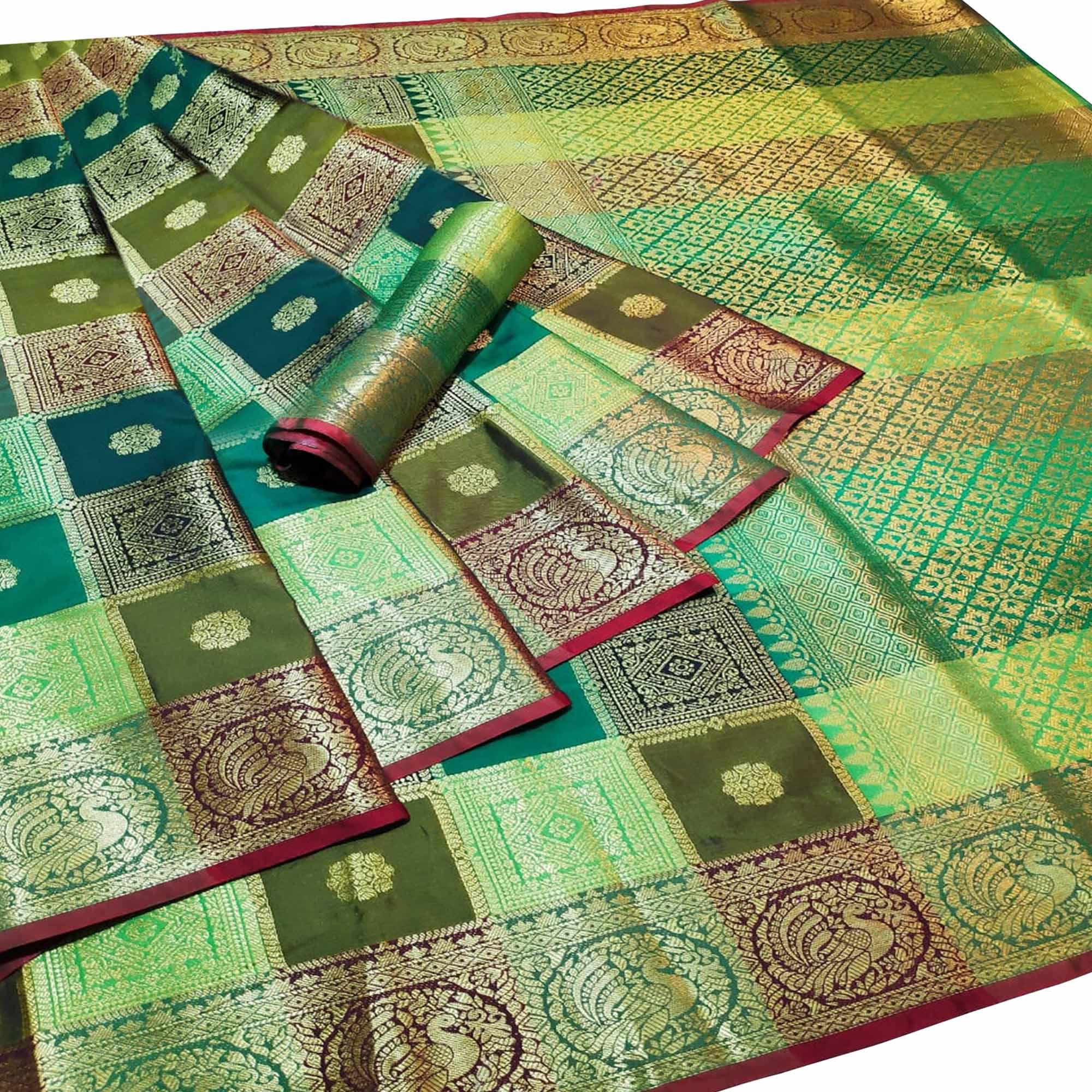 Intricate Multi-Green Colored Festive Wear Woven Silk Saree - Peachmode