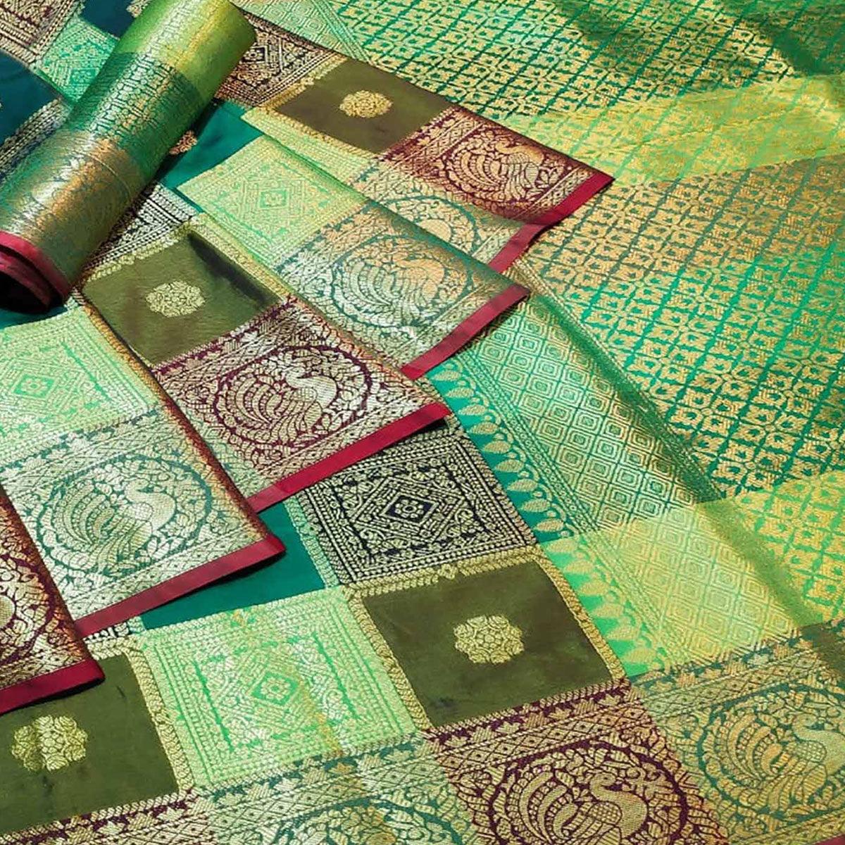 Intricate Multi-Green Colored Festive Wear Woven Silk Saree - Peachmode