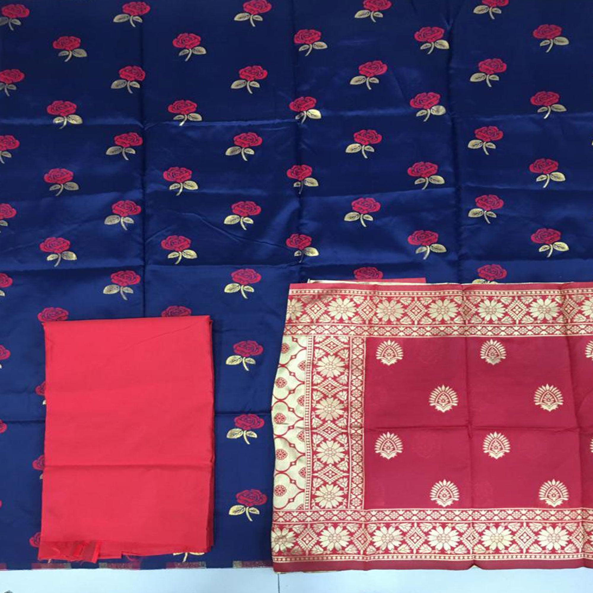 Intricate Navy Blue Colored Casual Woven Banarasi Silk Dress Material - Peachmode