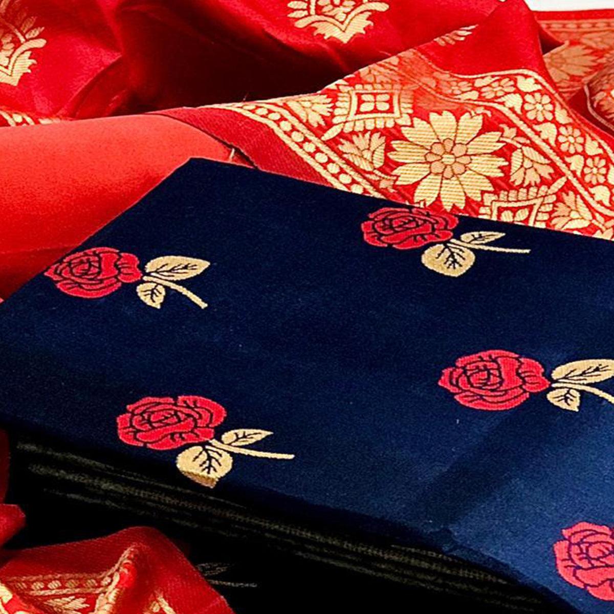 Intricate Navy Blue Colored Casual Woven Banarasi Silk Dress Material - Peachmode