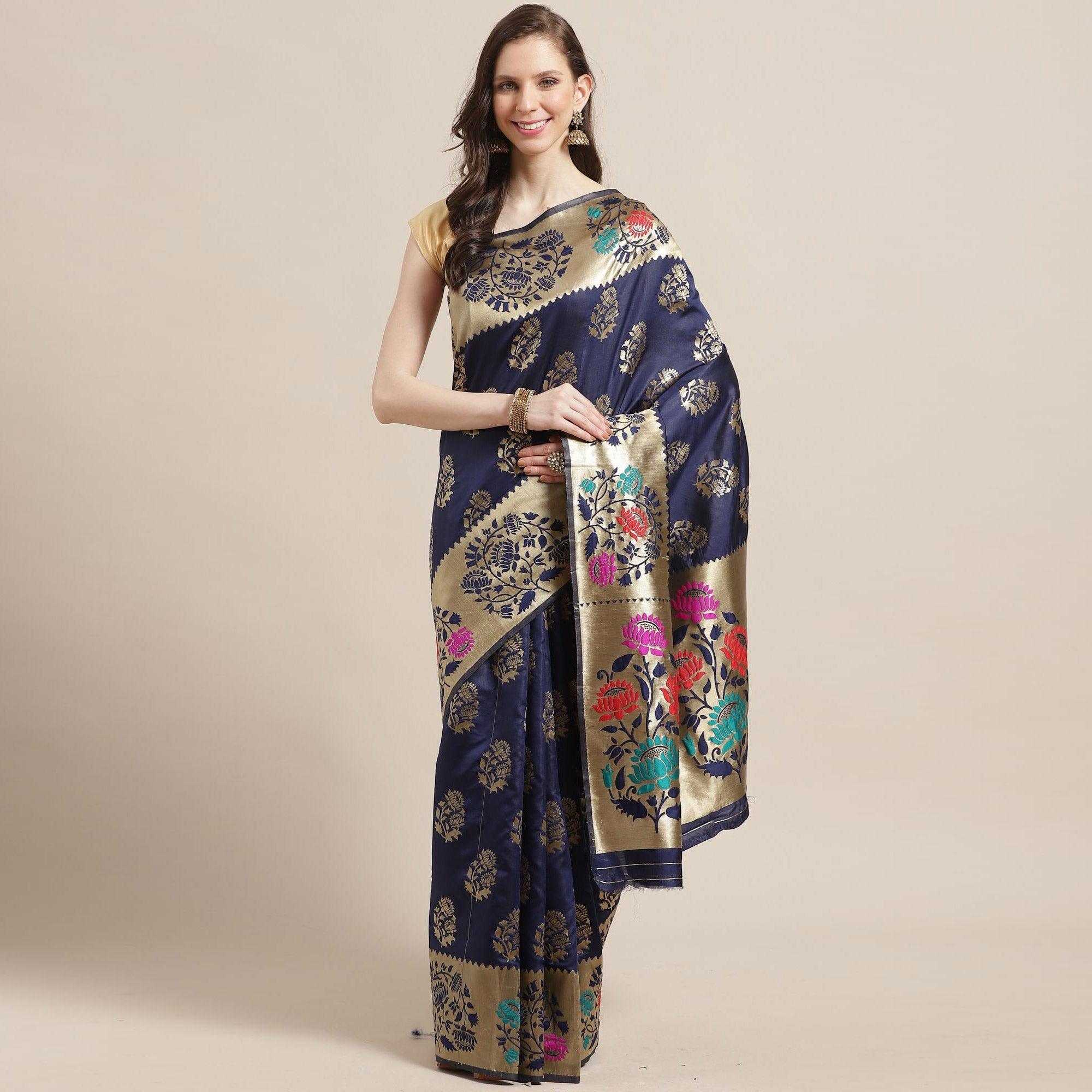 Intricate Navy Blue Colored Festive Wear Woven Silk Blend Saree - Peachmode