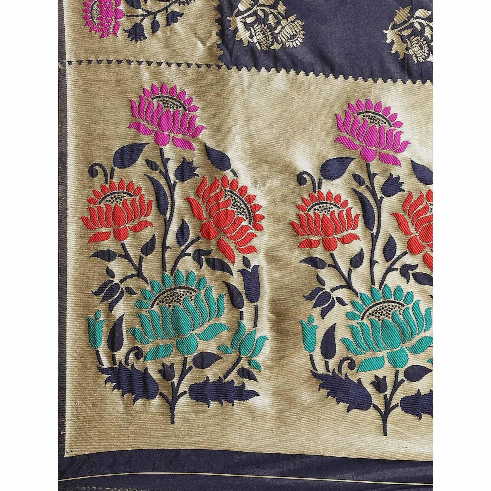 Intricate Navy Blue Colored Festive Wear Woven Silk Blend Saree - Peachmode