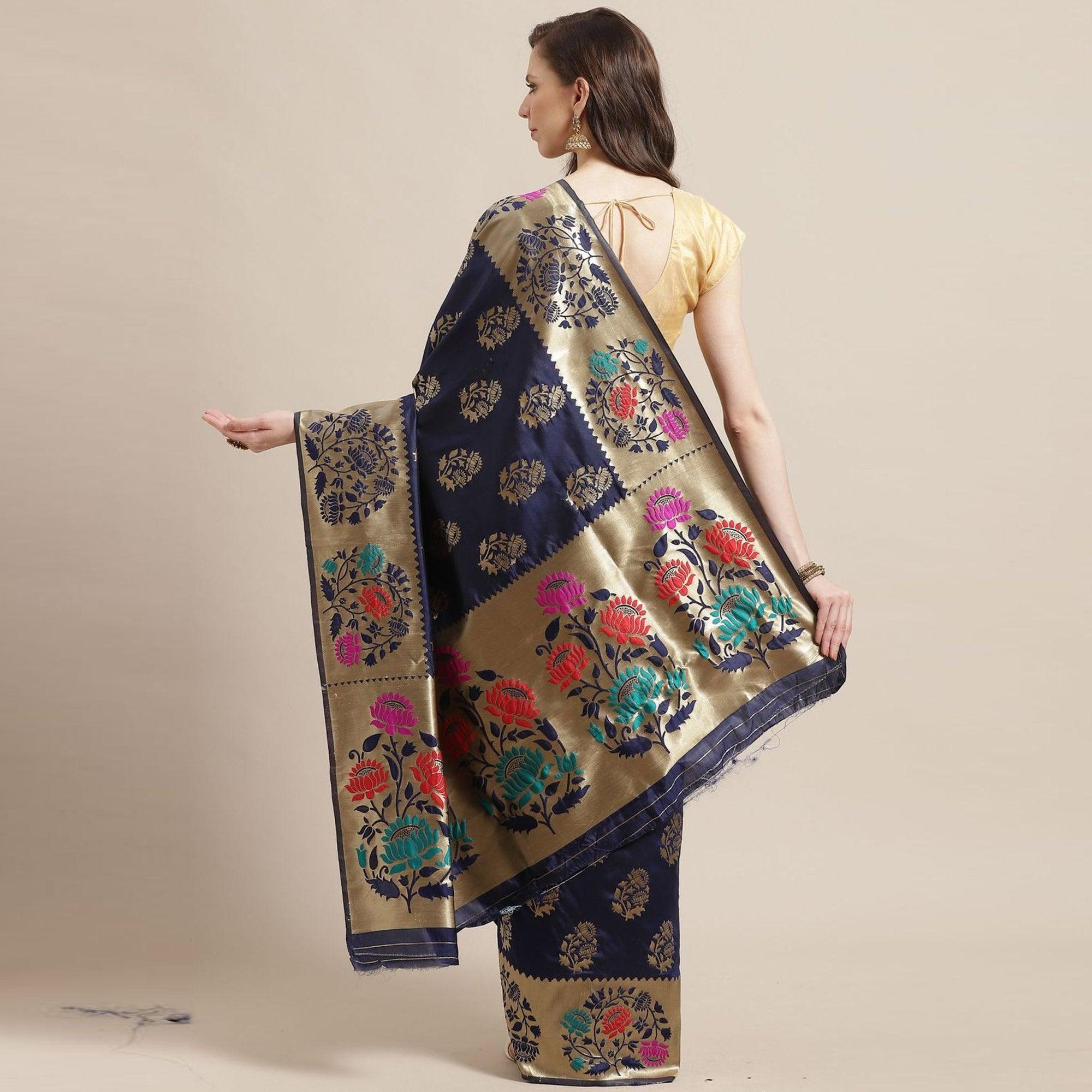 Intricate Navy Blue Colored Festive Wear Woven Silk Blend Saree - Peachmode
