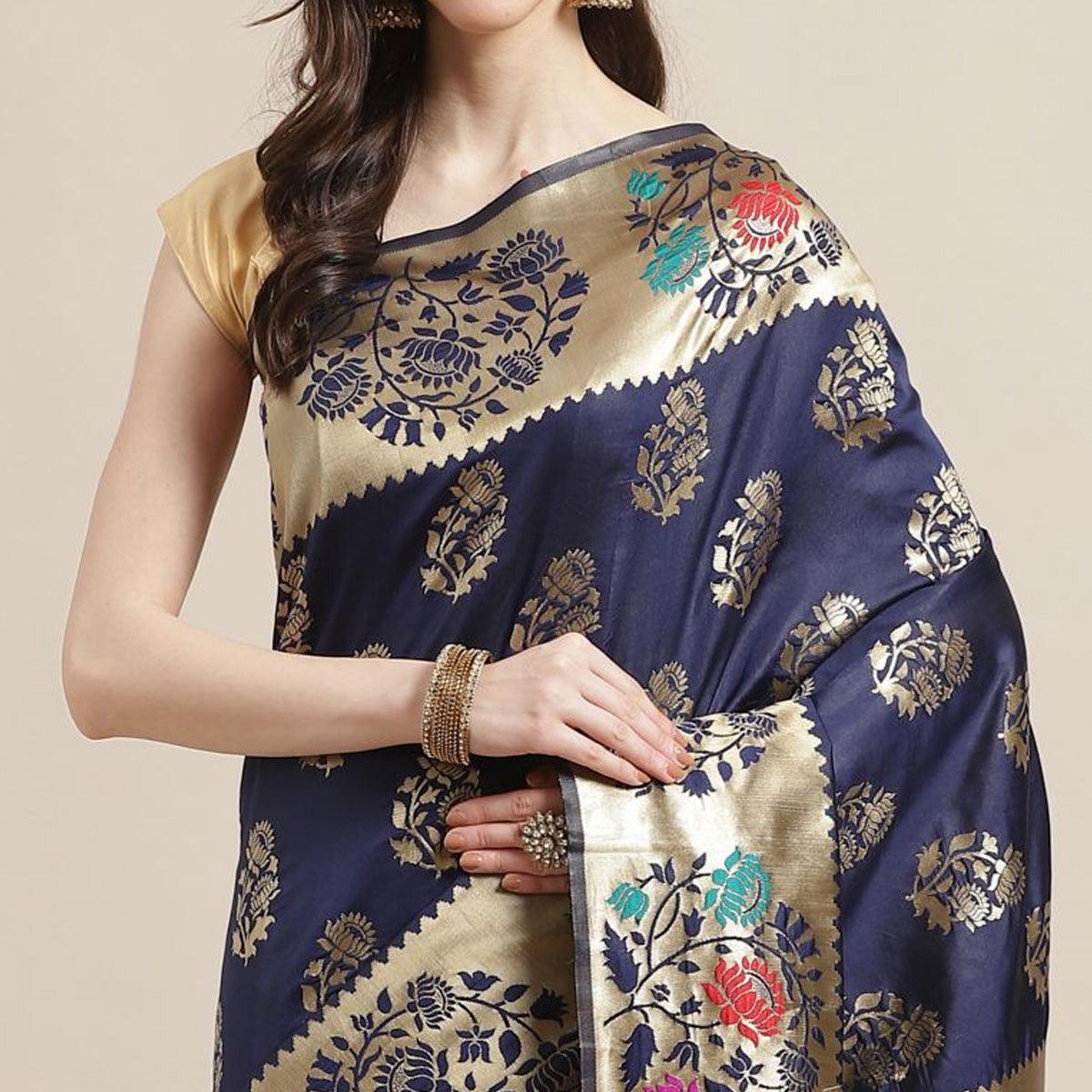 Intricate Navy Blue Colored Festive Wear Woven Silk Blend Saree - Peachmode