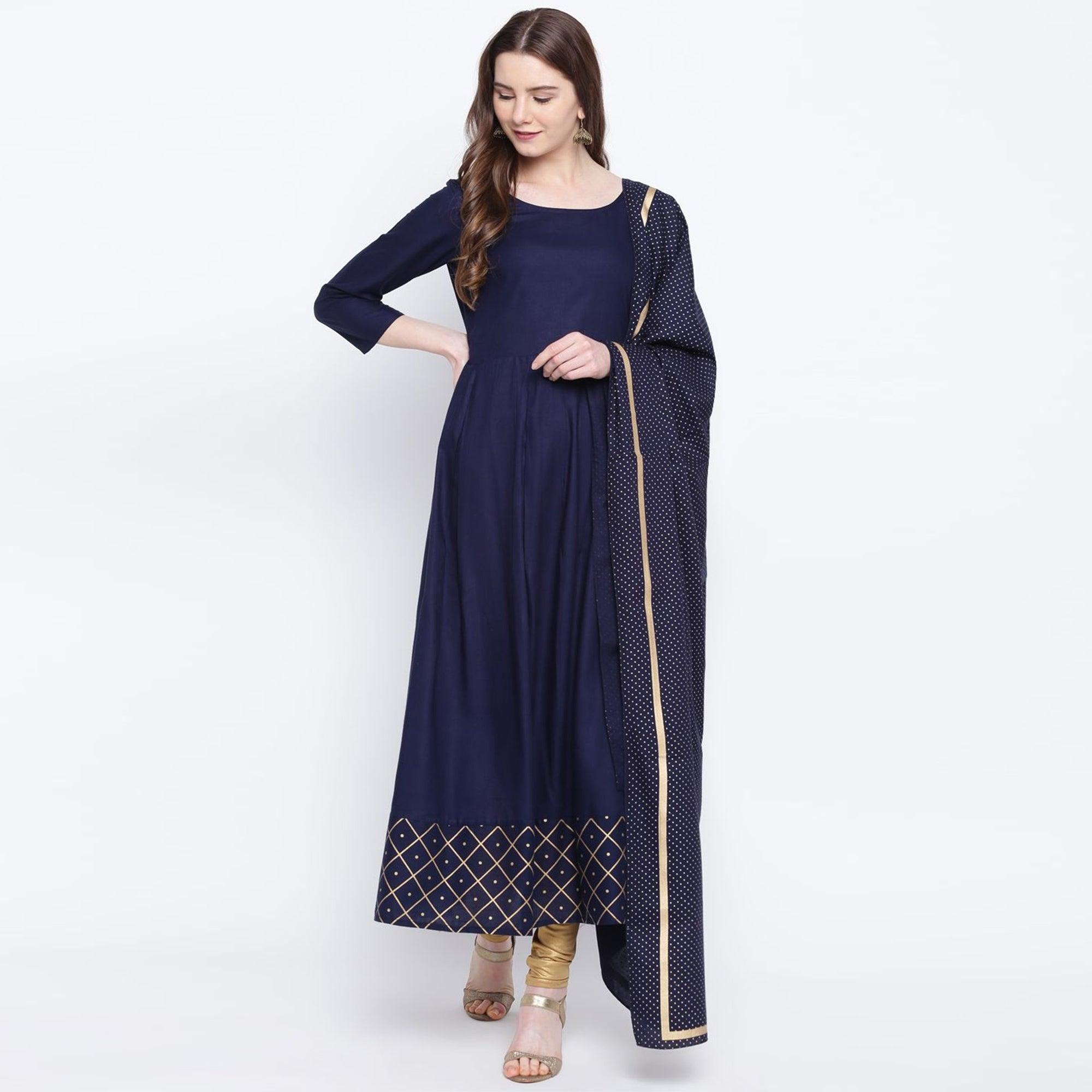 Intricate Navy Blue Colored Party Wear Printed Ankle Length Rayon Kurti With Dupatta - Peachmode