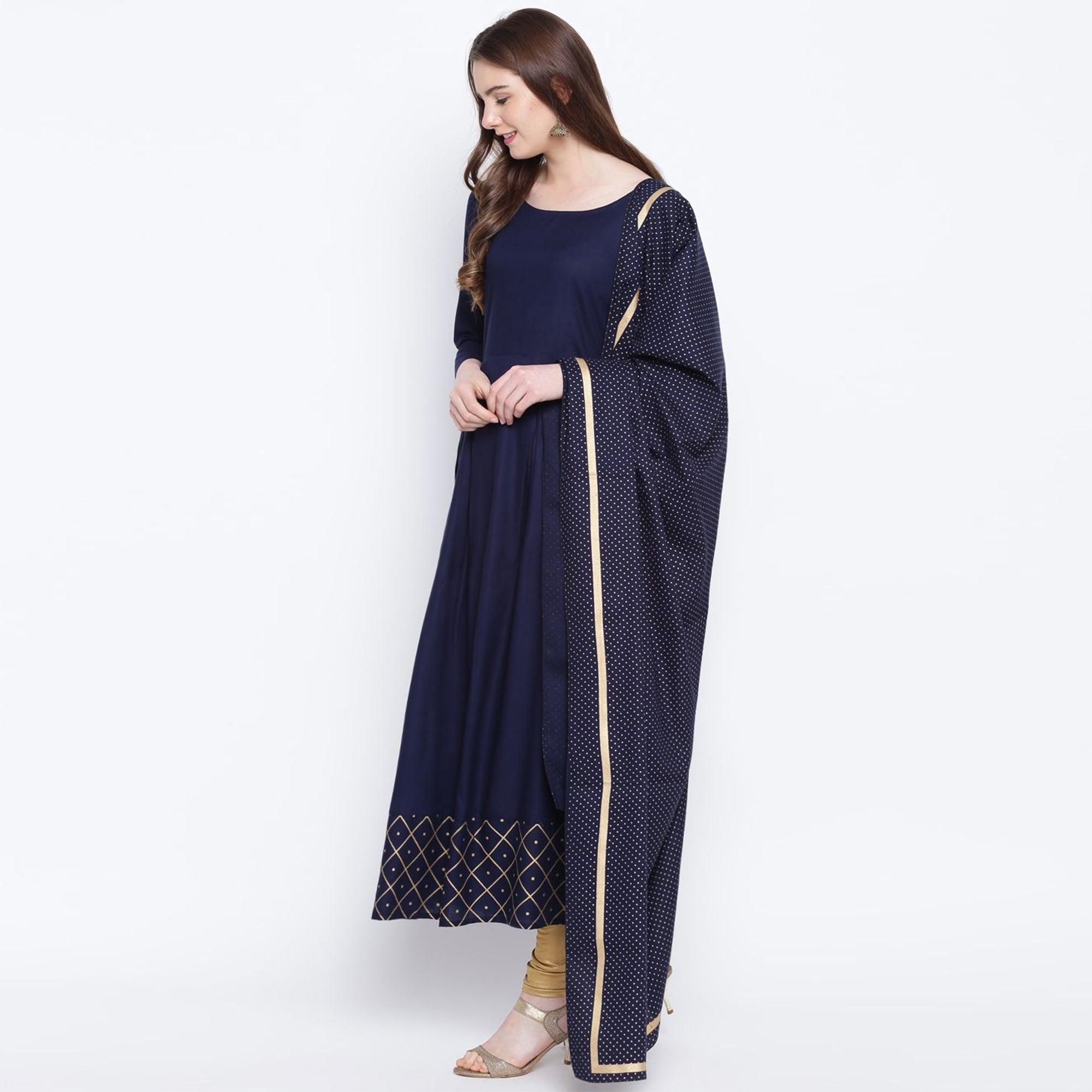 Intricate Navy Blue Colored Party Wear Printed Ankle Length Rayon Kurti With Dupatta - Peachmode
