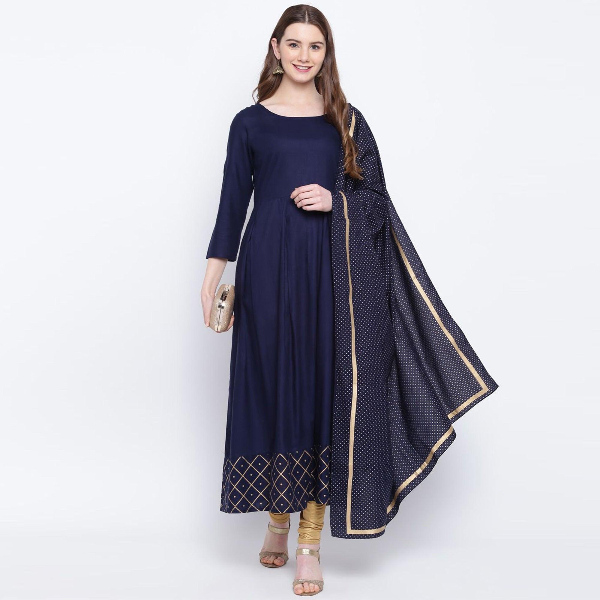 Intricate Navy Blue Colored Party Wear Printed Ankle Length Rayon Kurti With Dupatta - Peachmode