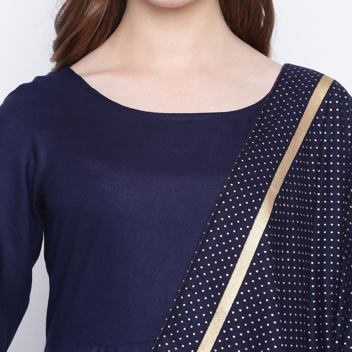 Intricate Navy Blue Colored Party Wear Printed Ankle Length Rayon Kurti With Dupatta - Peachmode