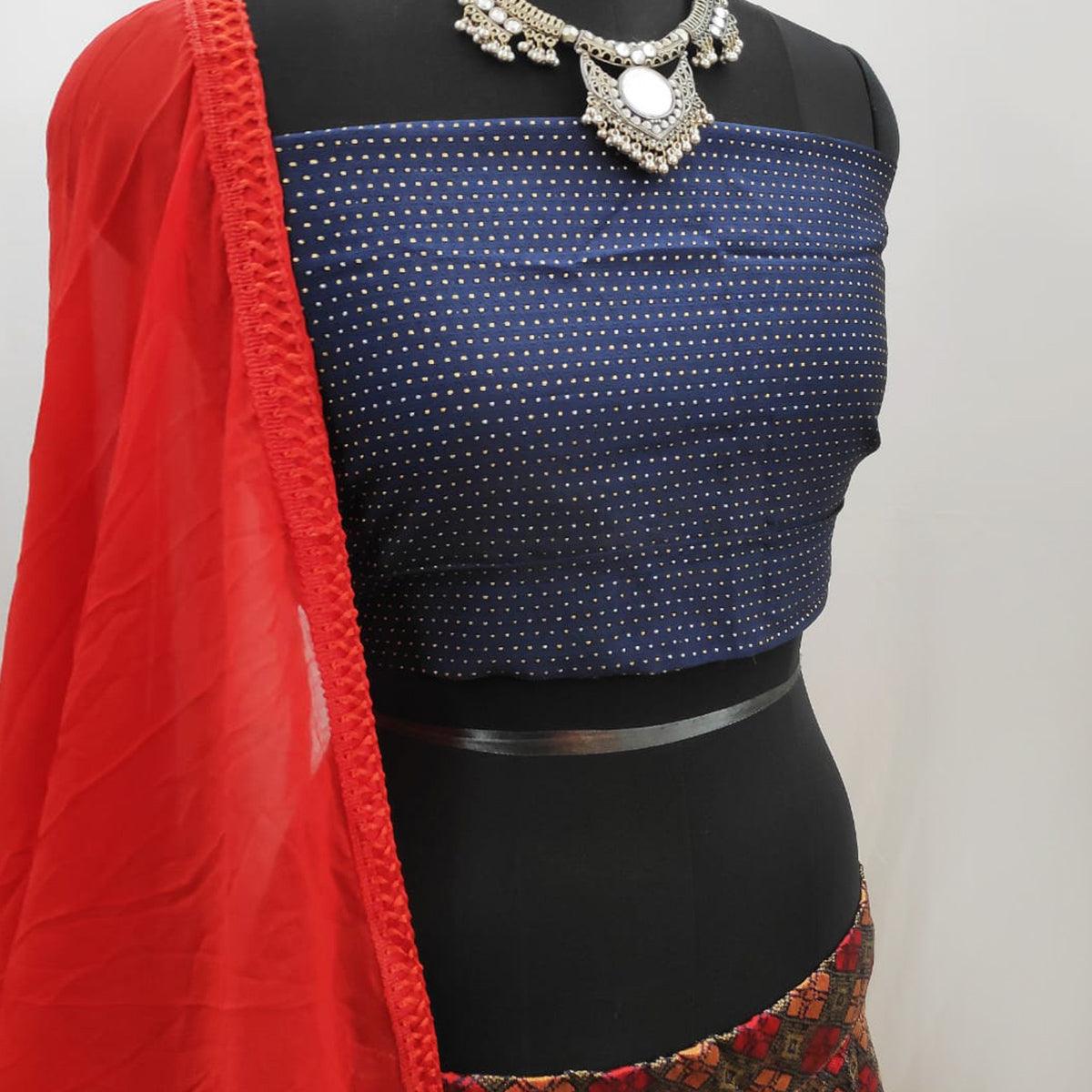 Intricate Navy Blue Colored Party Wear Printed Banarasi Silk Lehenga Choli - Peachmode