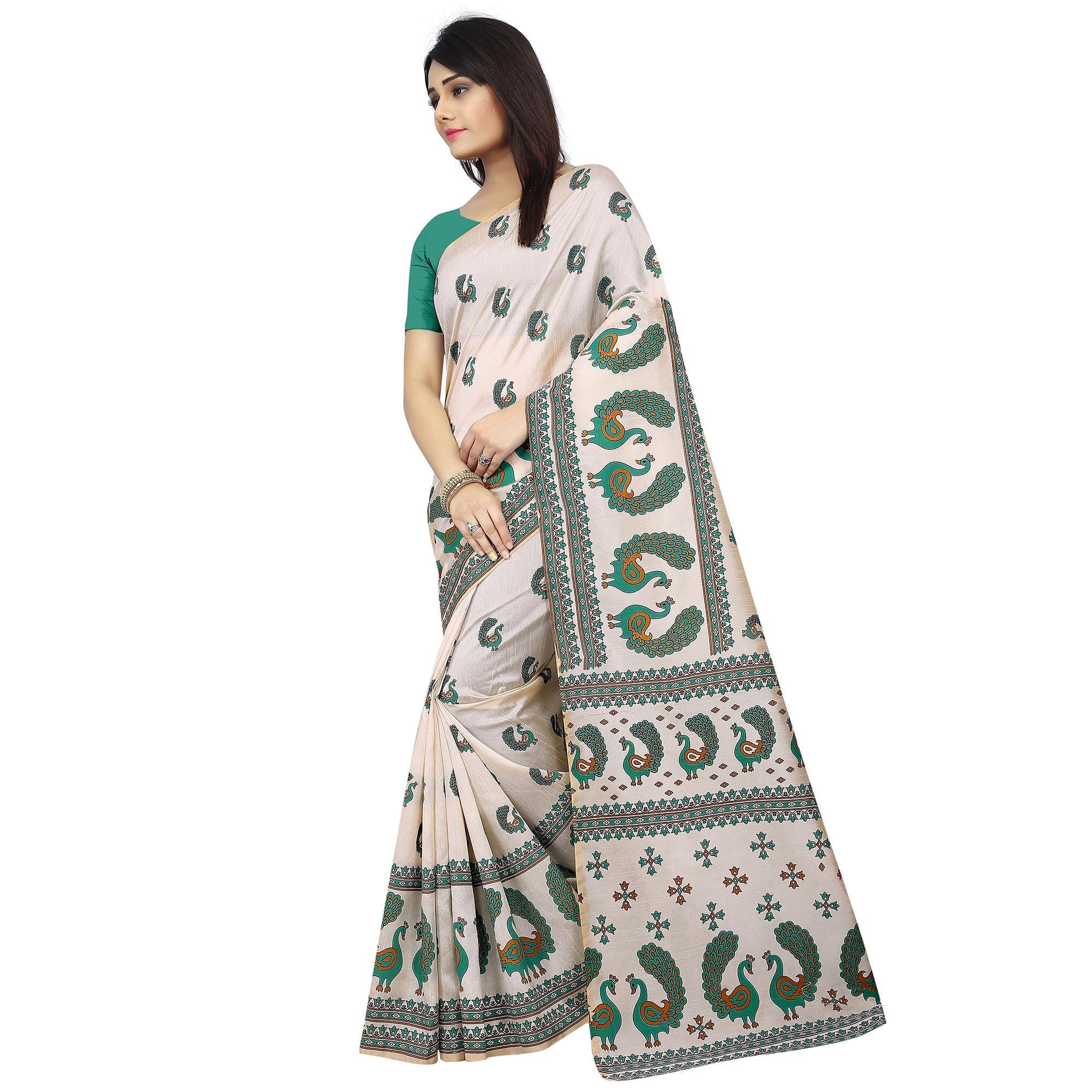 Intricate Off White-Green Colored Casual Printed Bhagalpuri Silk Saree - Peachmode