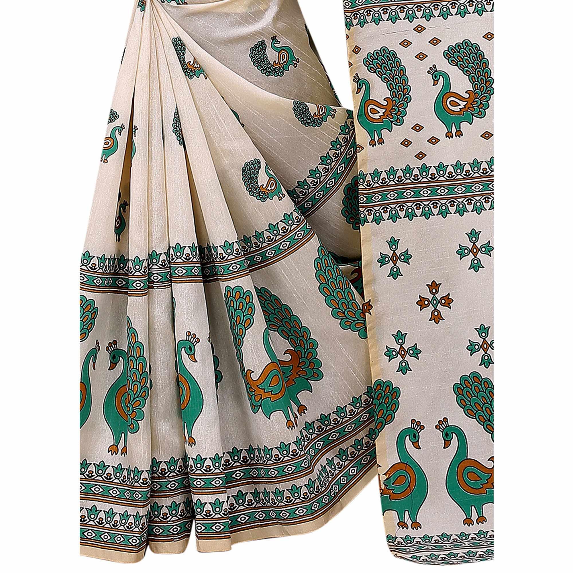 Intricate Off White-Green Colored Casual Printed Bhagalpuri Silk Saree - Peachmode