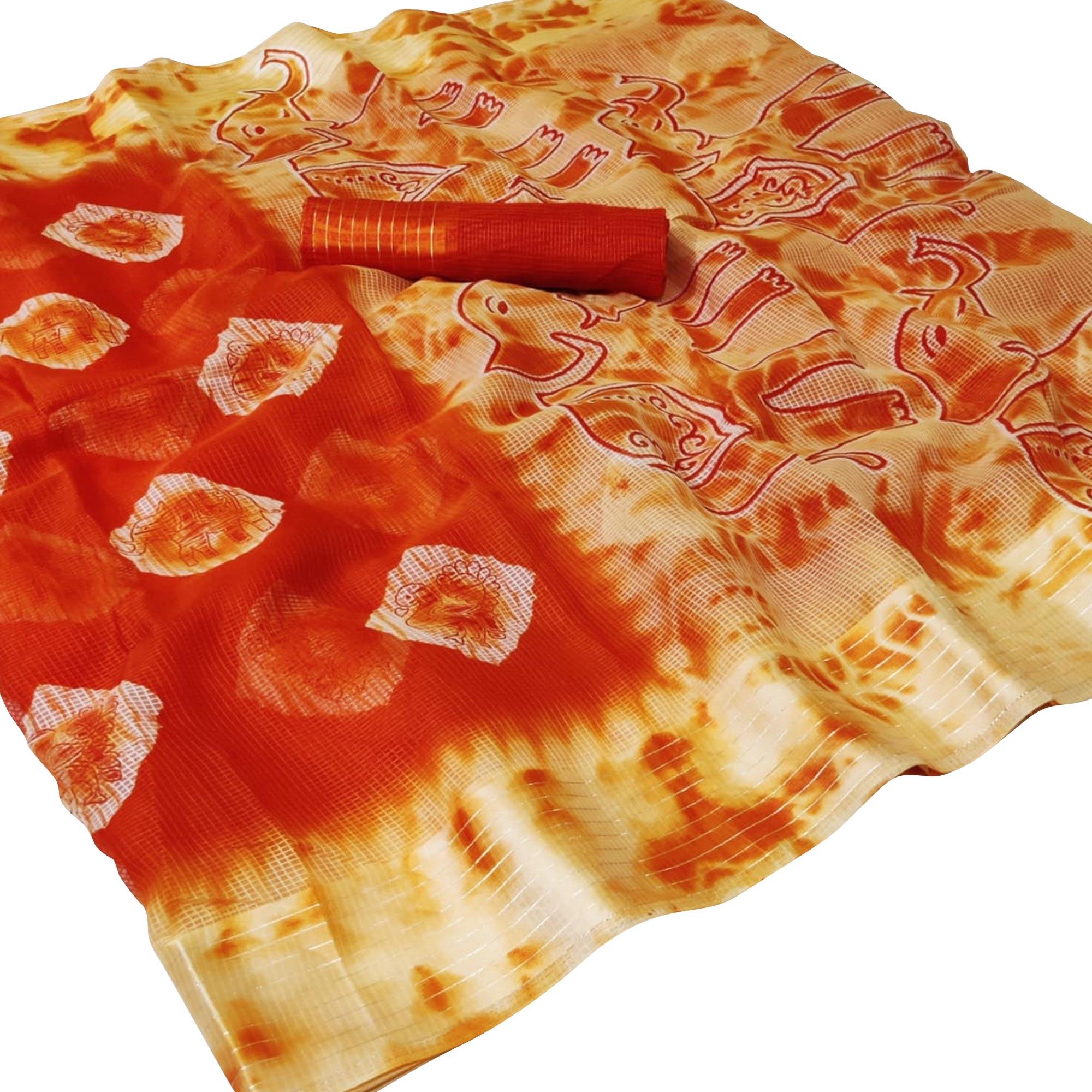 Intricate Orange Colored Casual Wear Printed Silk Saree - Peachmode