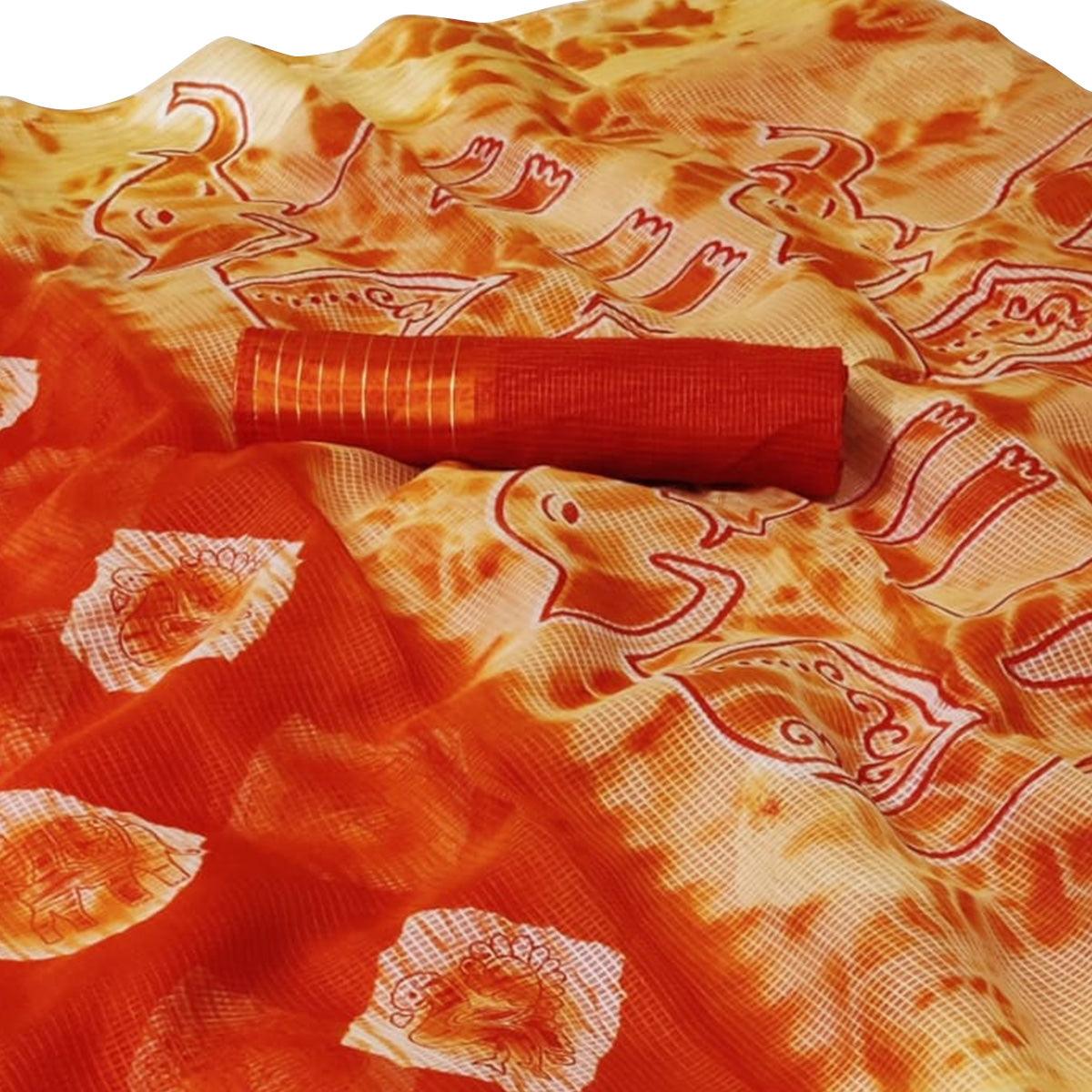 Intricate Orange Colored Casual Wear Printed Silk Saree - Peachmode