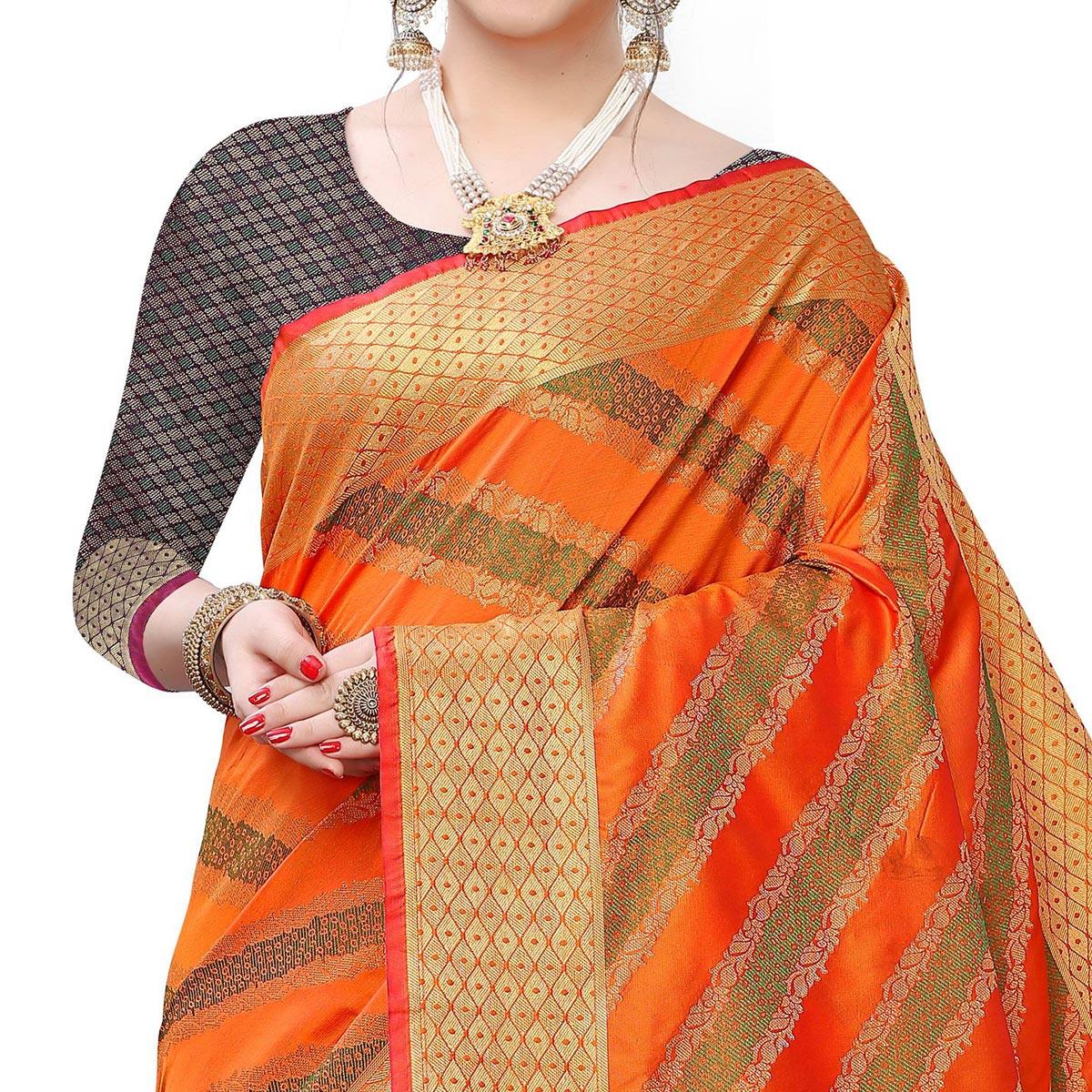 Intricate Orange Colored Festive Wear Woven Kanjivaram Silk Saree - Peachmode