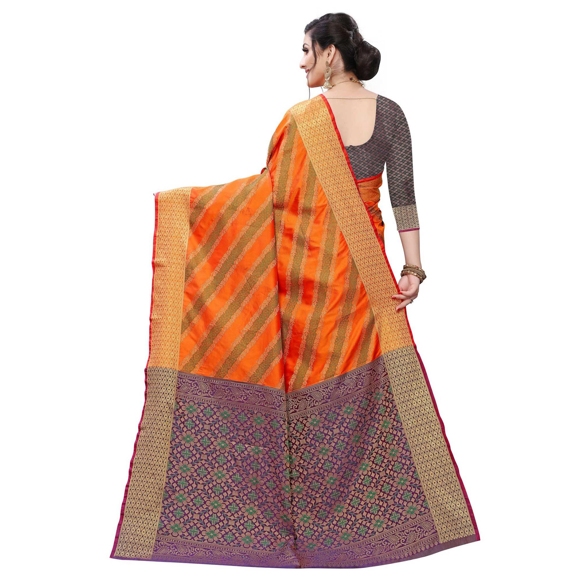 Intricate Orange Colored Festive Wear Woven Kanjivaram Silk Saree - Peachmode