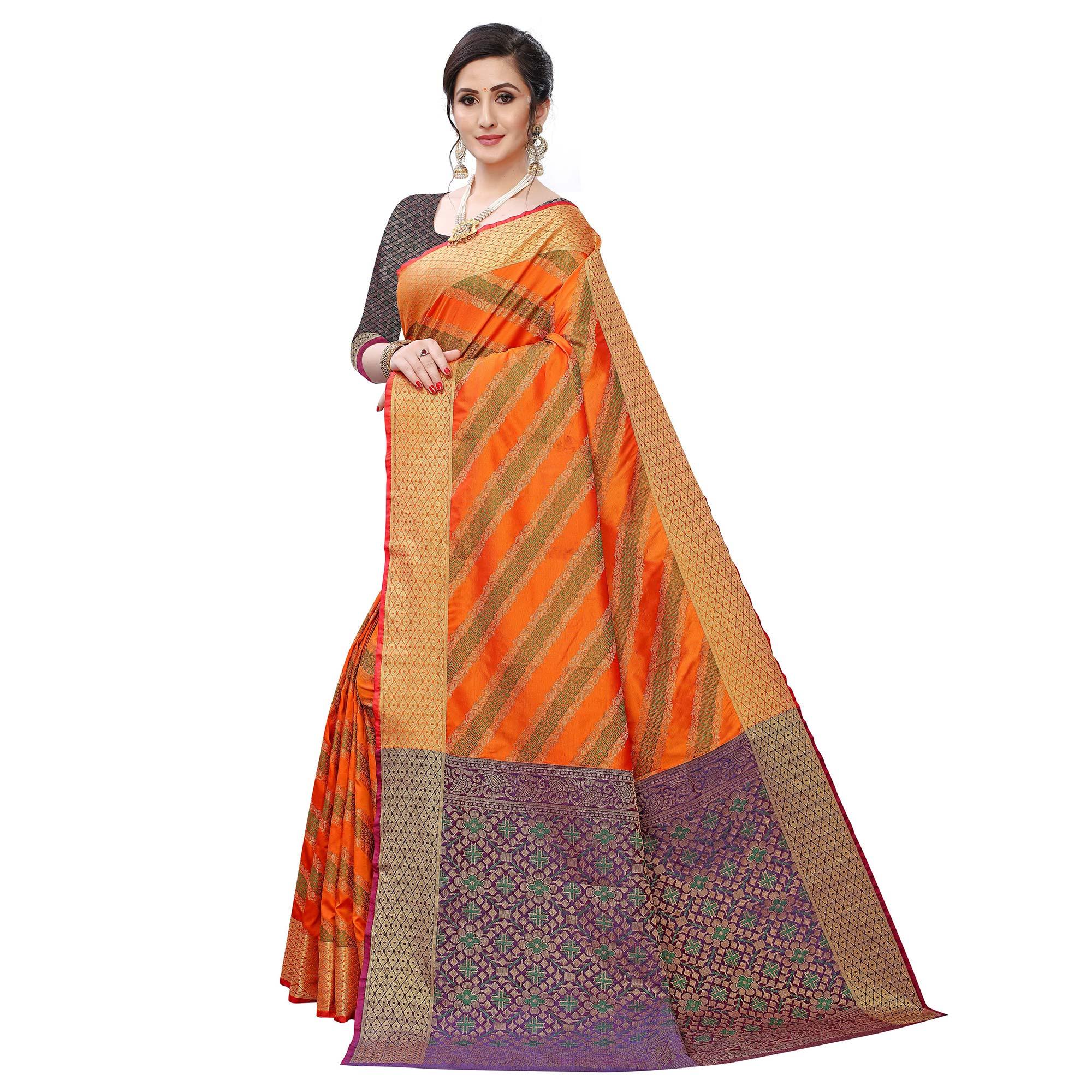 Intricate Orange Colored Festive Wear Woven Kanjivaram Silk Saree - Peachmode