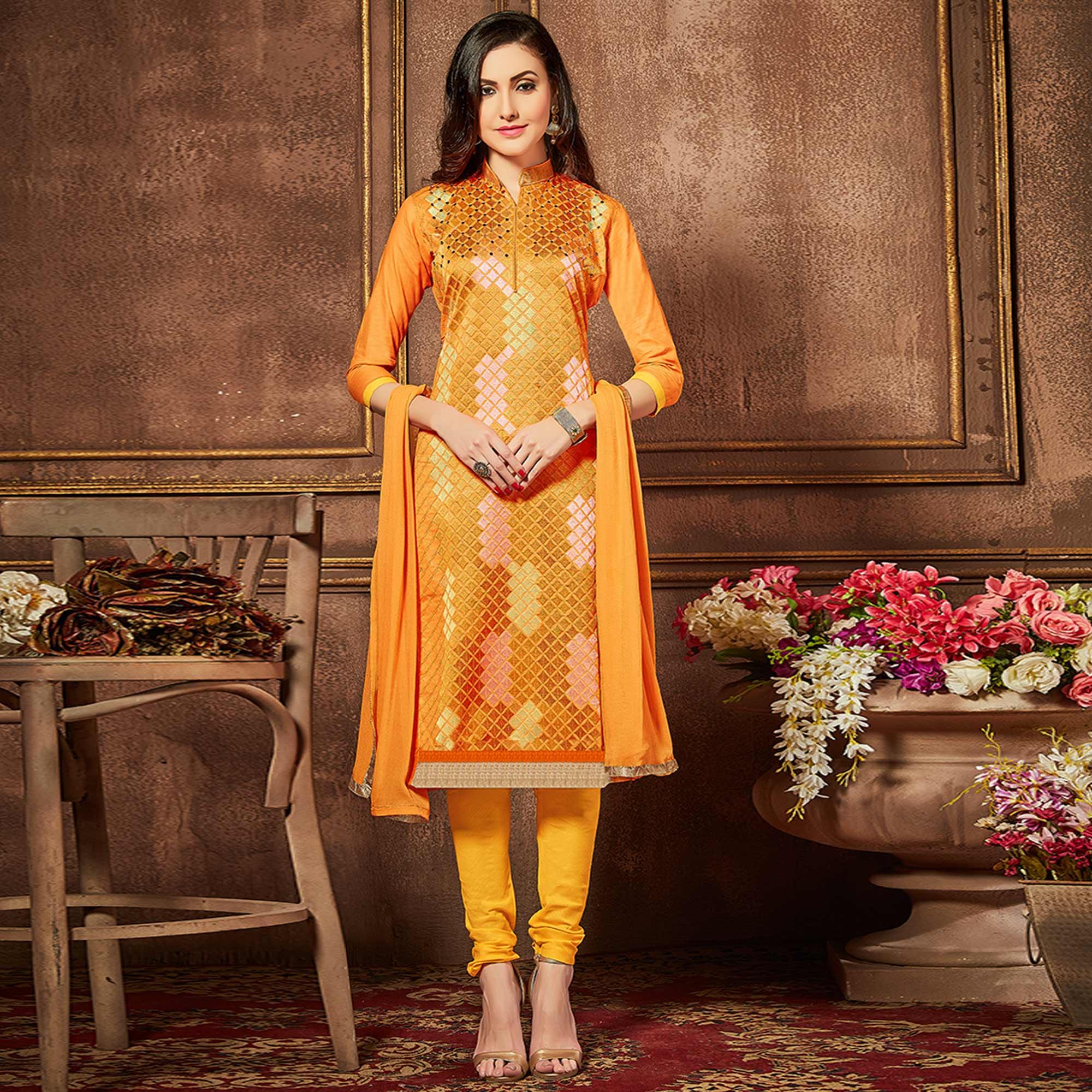 Intricate Orange Colored Party Wear Embroidered Cotton Suit - Peachmode