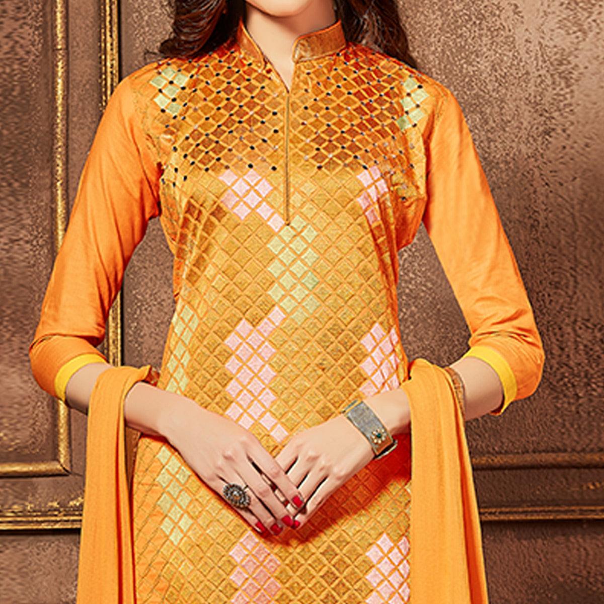 Intricate Orange Colored Party Wear Embroidered Cotton Suit - Peachmode