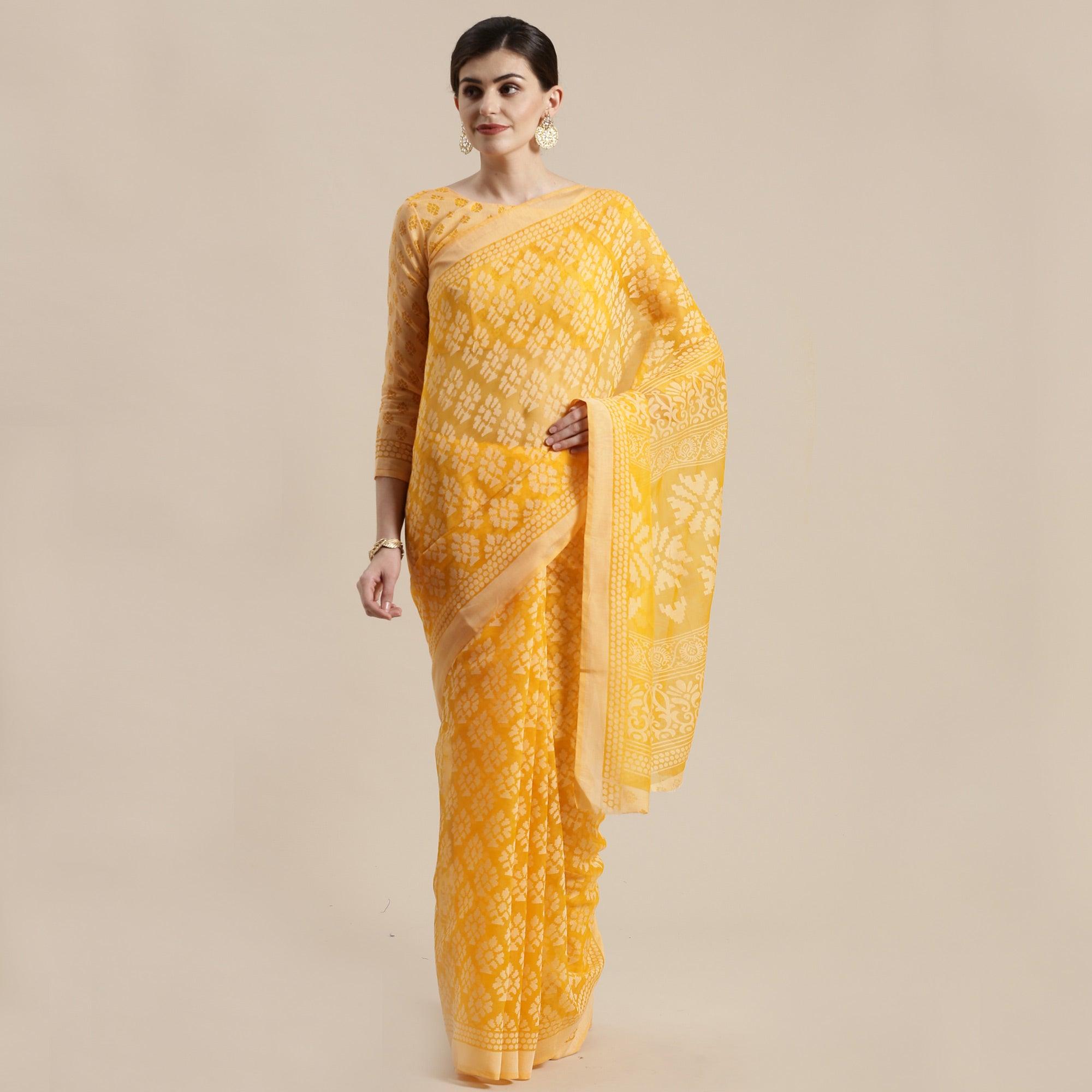 Intricate Orange Colored Party Wear Geometric Brasso Saree - Peachmode