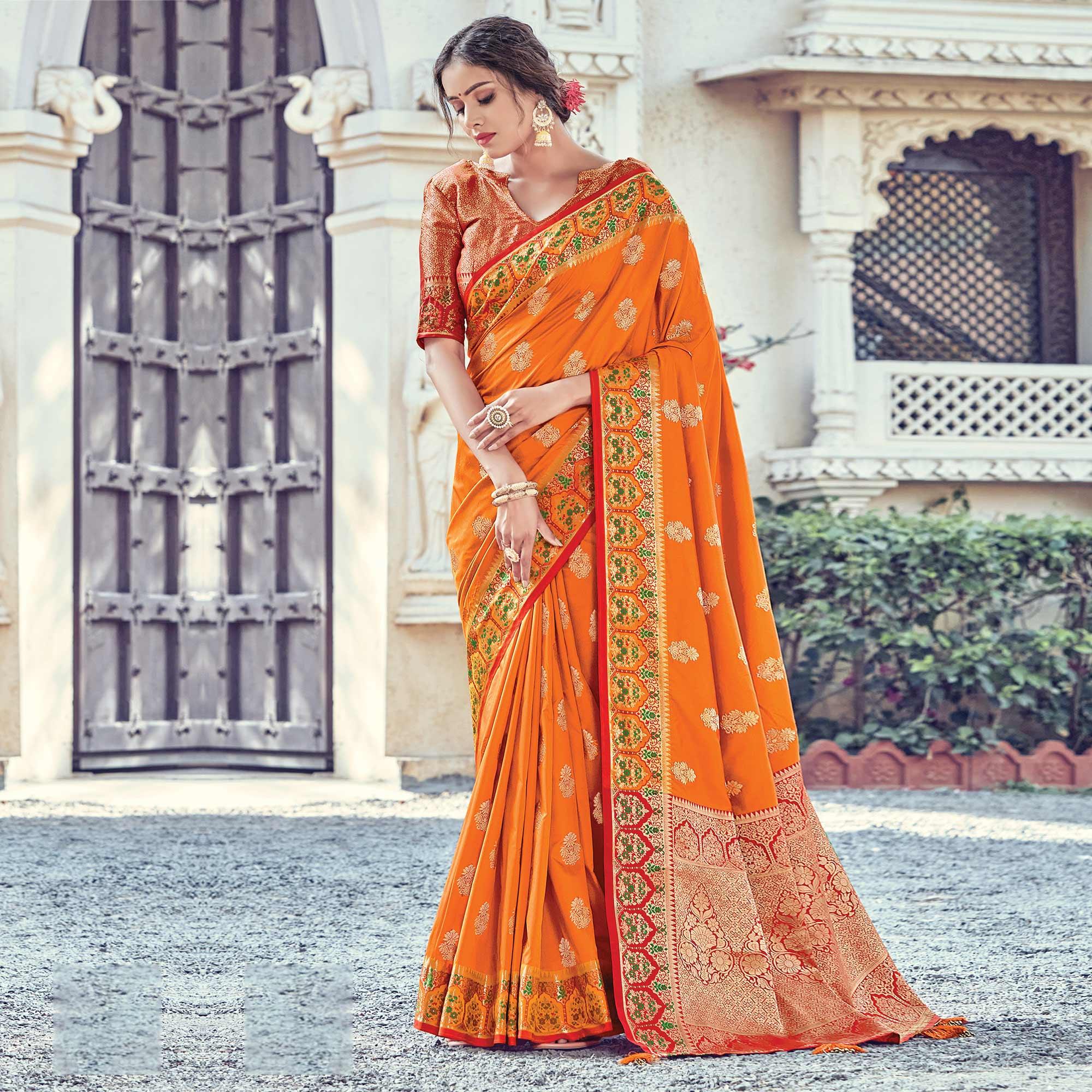Intricate Orange Coloured Festive Wear Woven Silk Saree - Peachmode