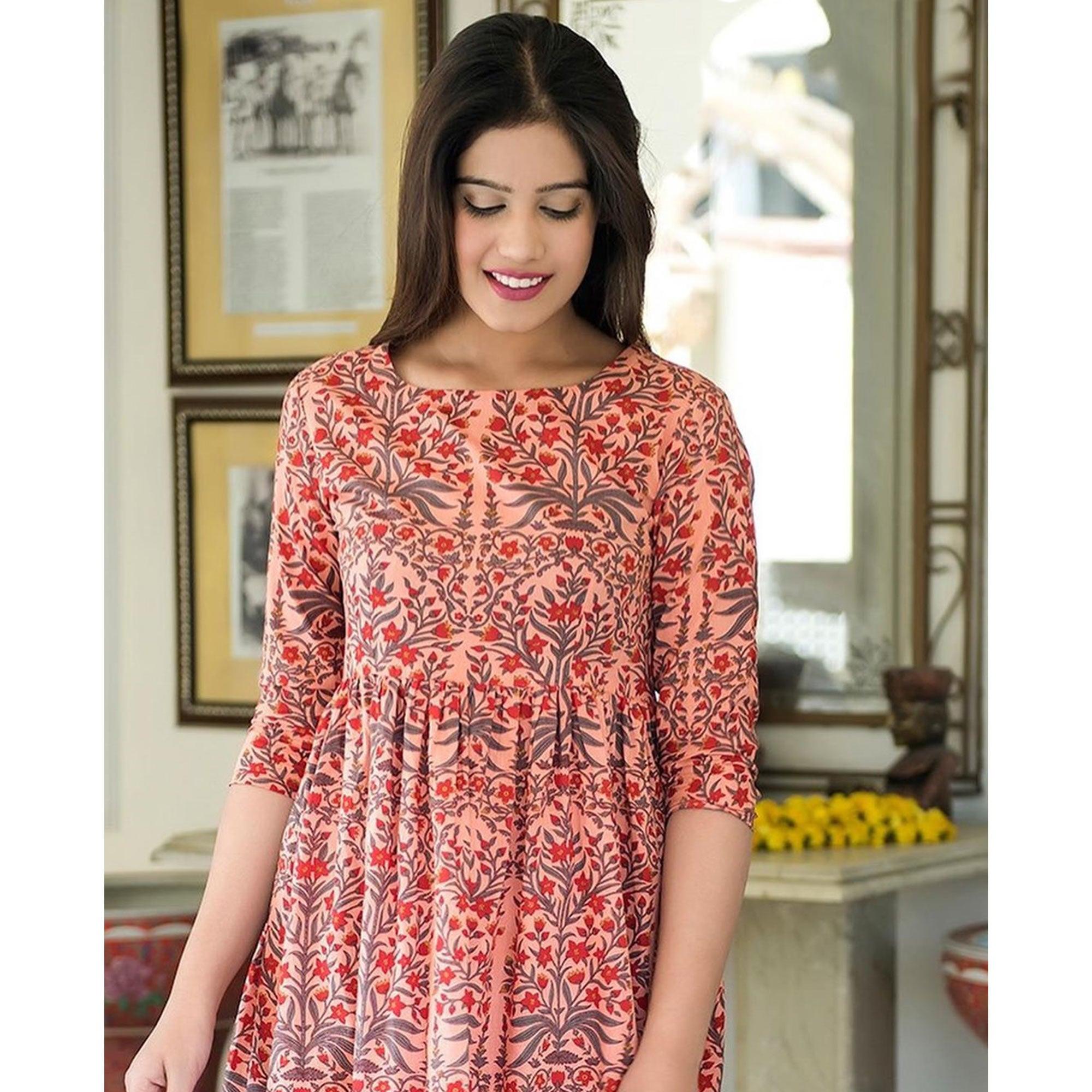 Intricate Peach Colored Casual Printed Muslin Blend Gown - Peachmode