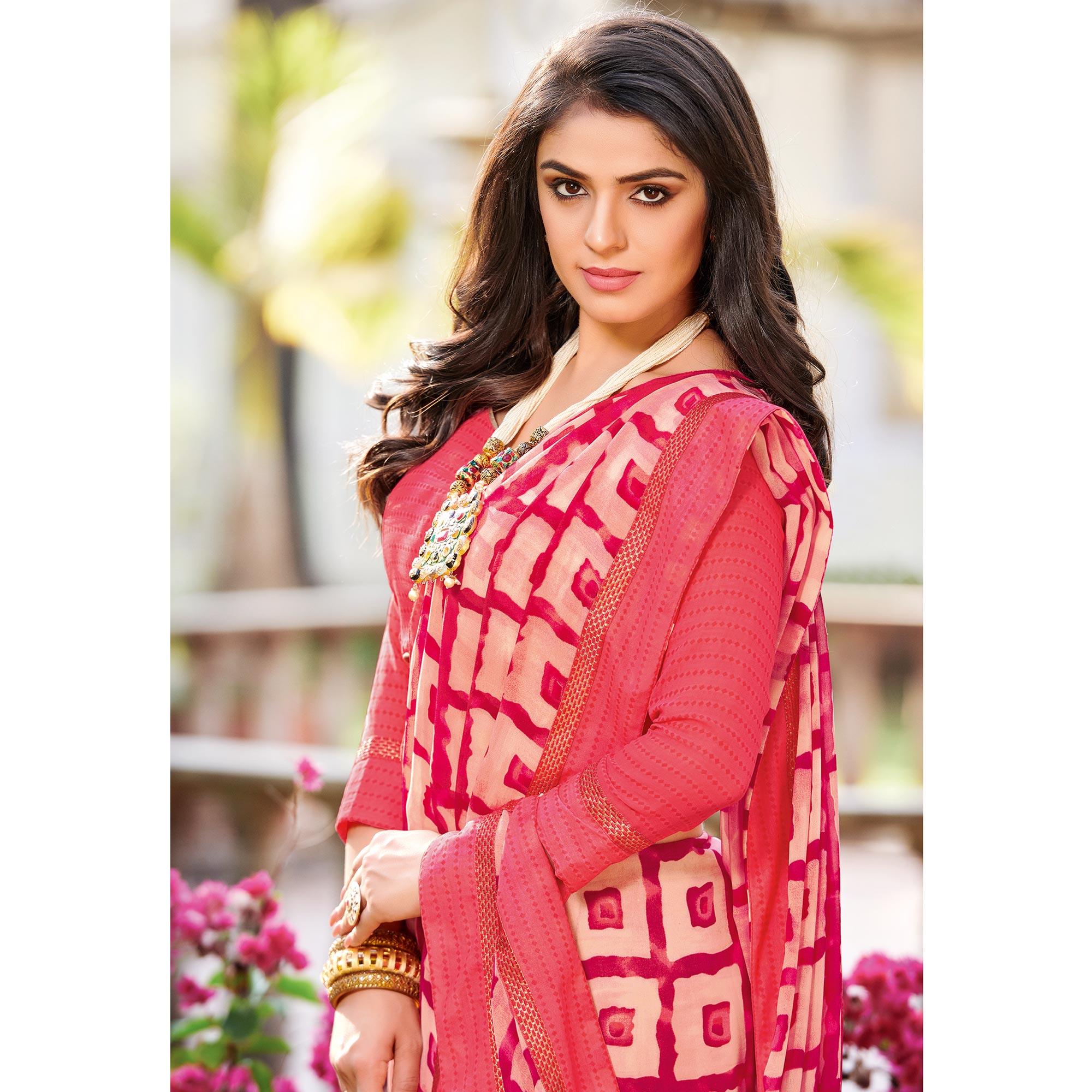 Intricate Peach Colored Partywear Printed Georgette Saree - Peachmode