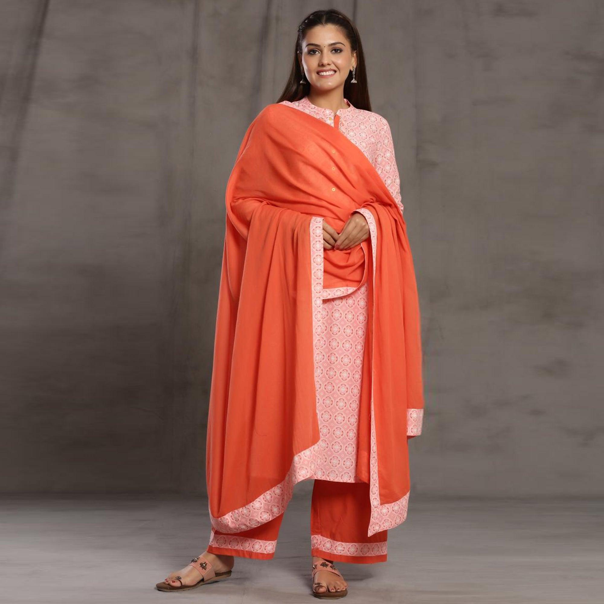 Intricate Pink Colored Casual Wear Cotton Kurti - Palazzo Set With Dupatta - Peachmode