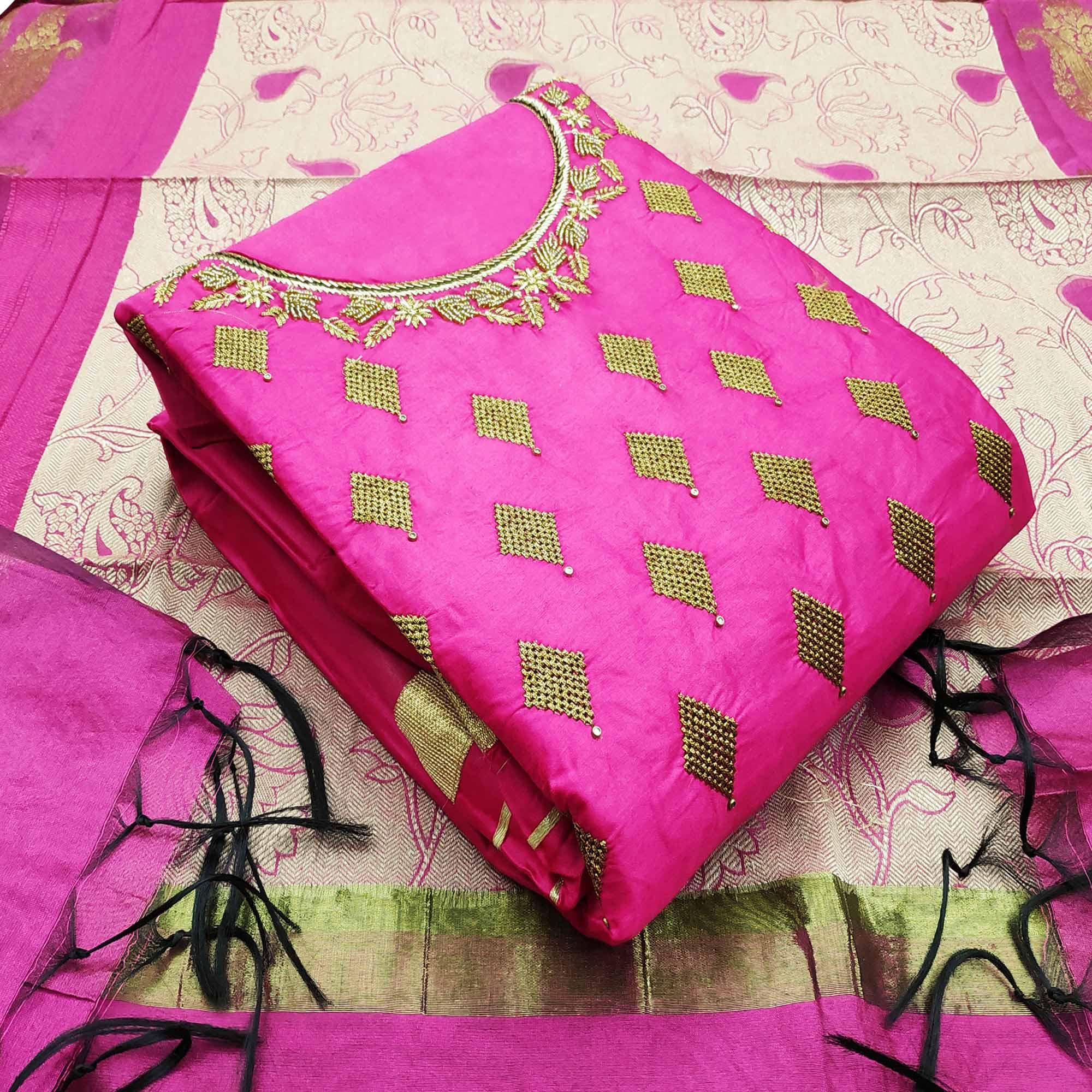 Intricate Pink Colored Casual Wear Embroidered Cotton Dress Material - Peachmode