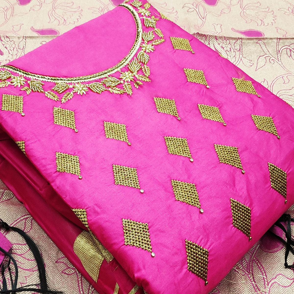 Intricate Pink Colored Casual Wear Embroidered Cotton Dress Material - Peachmode