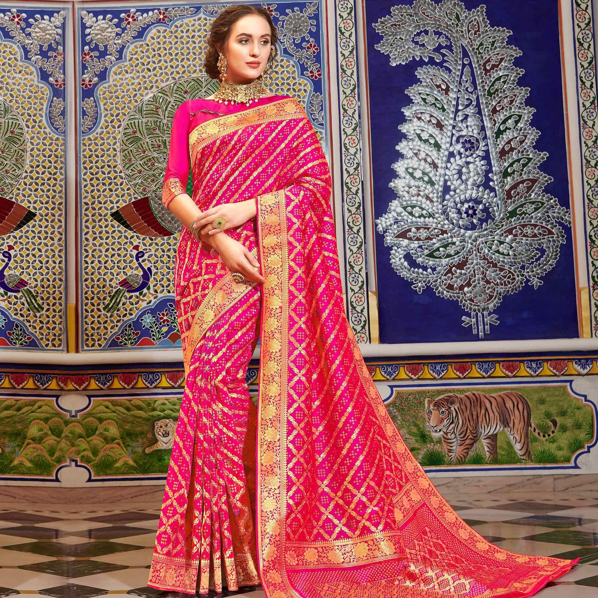 Intricate Pink Colored Festive Wear Woven Handloom Silk Saree - Peachmode