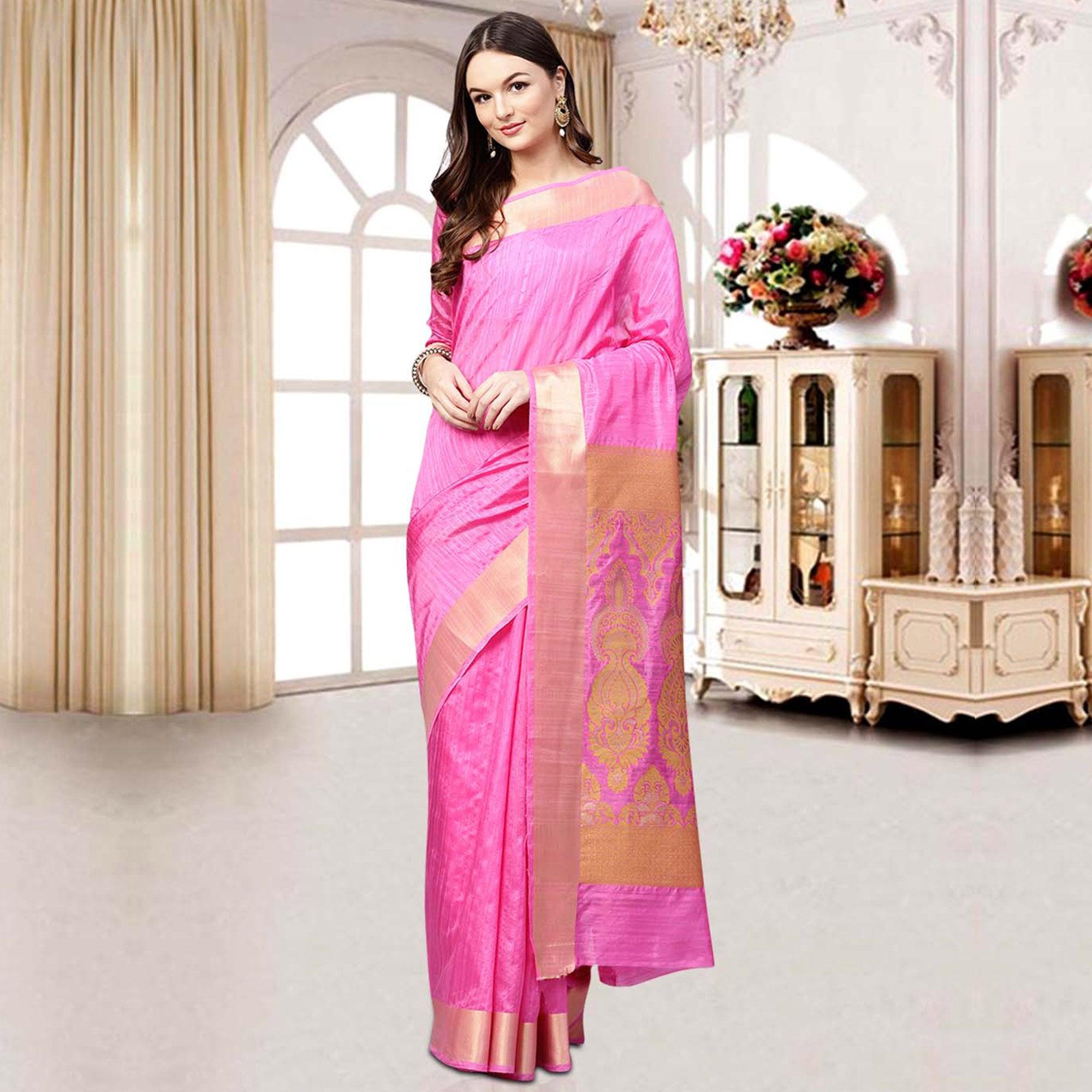 Intricate Pink Colored Festive Wear Woven Silk Blend Saree - Peachmode