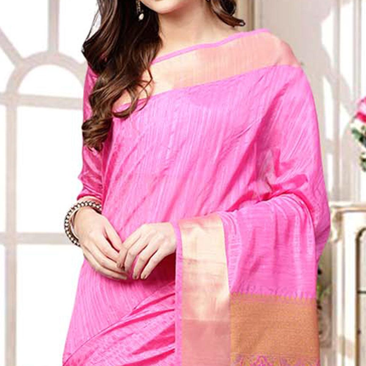 Intricate Pink Colored Festive Wear Woven Silk Blend Saree - Peachmode