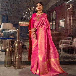 Intricate Pink Colored Festive Wear Woven Silk Saree With Tassels - Peachmode