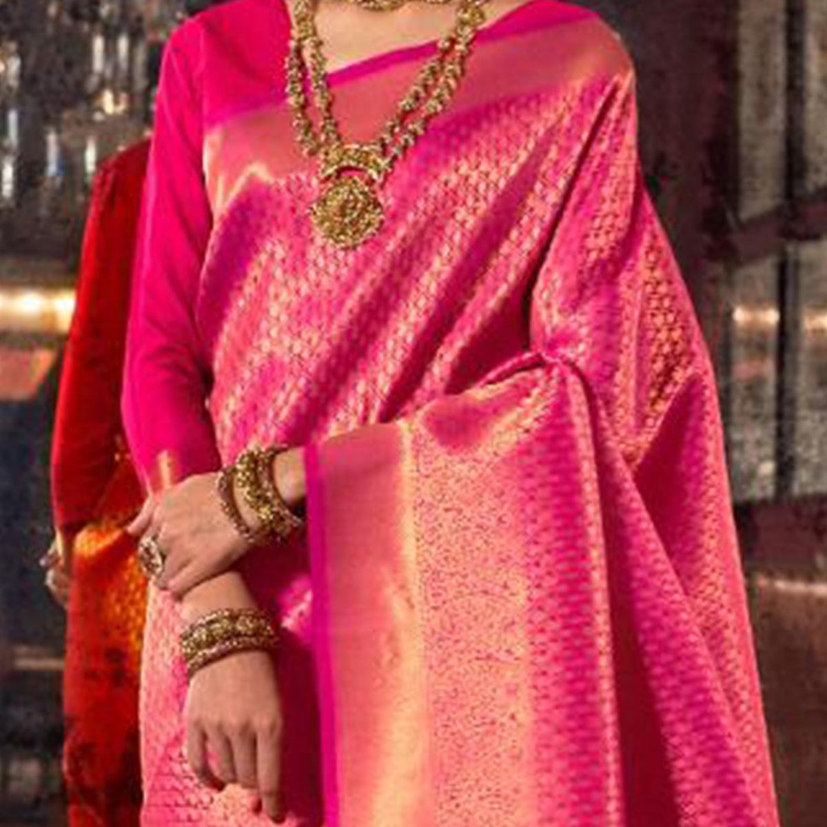 Intricate Pink Colored Festive Wear Woven Silk Saree With Tassels - Peachmode