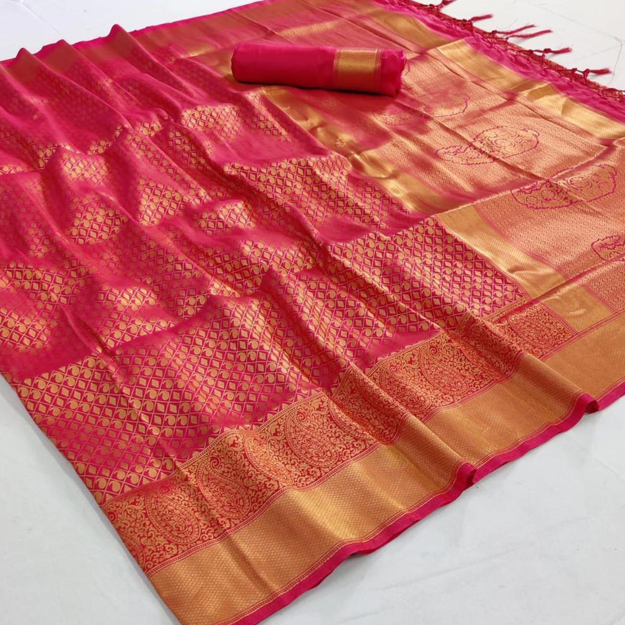 Intricate Pink Colored Festive Wear Woven Silk Saree With Tassels - Peachmode