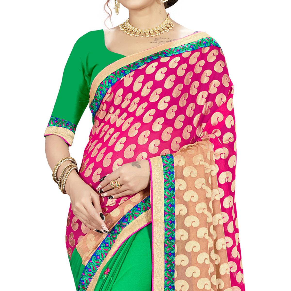 Intricate Pink-Green Colored party Wear Embroidered Georgette Half-Half Saree - Peachmode