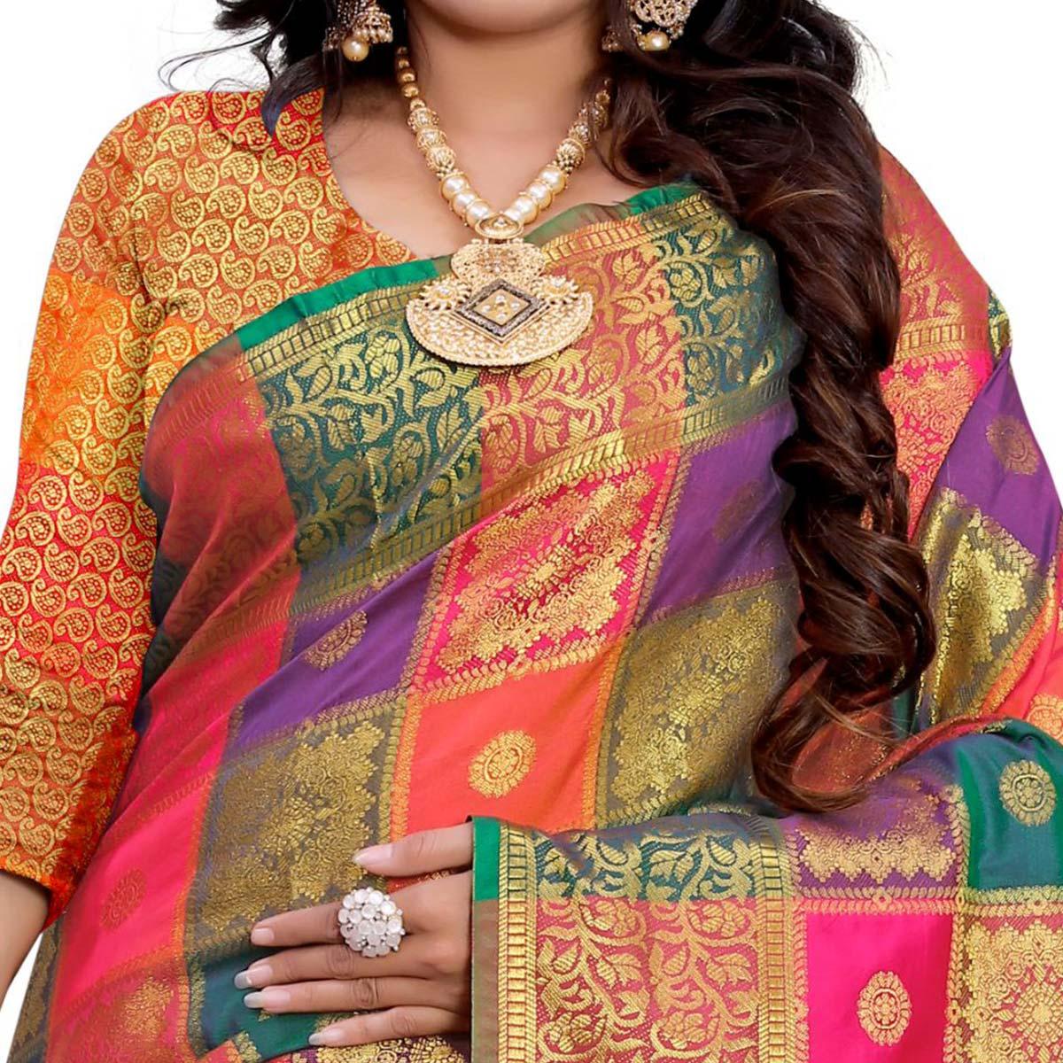 Intricate Pink-Multi Colored Festive Wear Woven Work Art Silk Saree - Peachmode