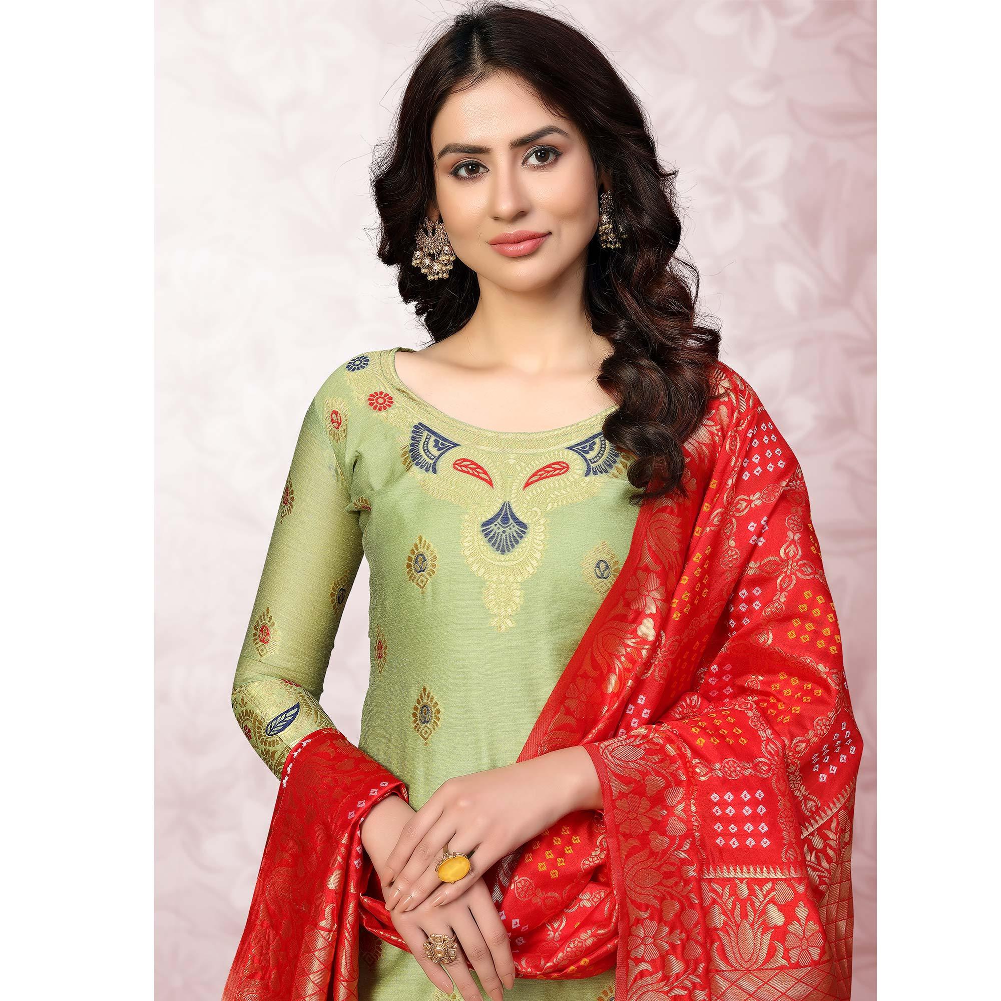 Intricate Pista Green Colored Festive Wear Woven Banarasi Silk Dress Material - Peachmode