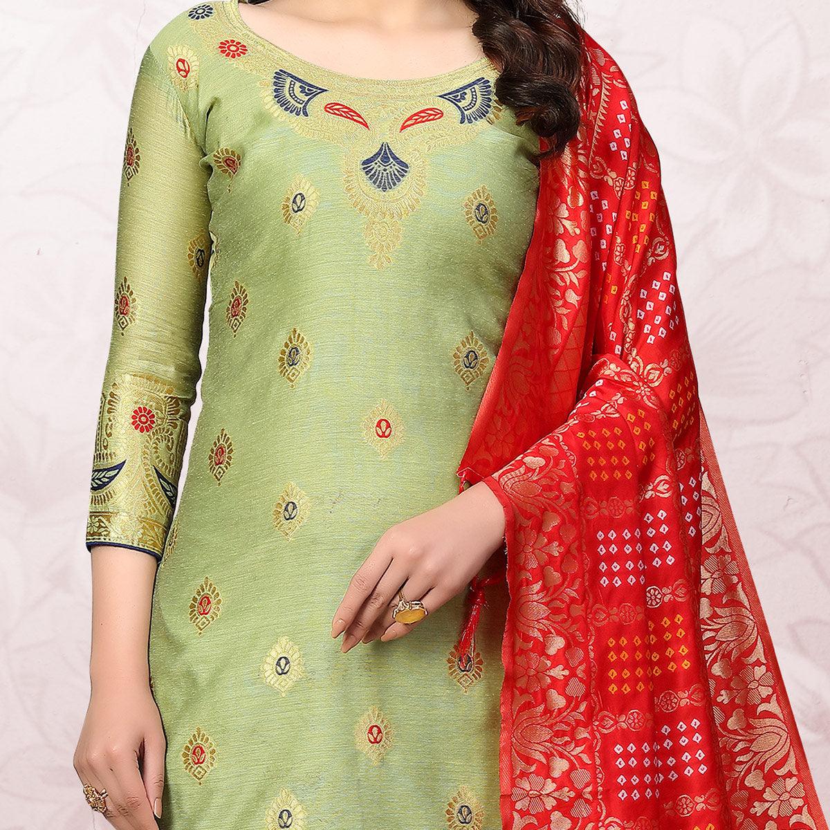 Intricate Pista Green Colored Festive Wear Woven Banarasi Silk Dress Material - Peachmode