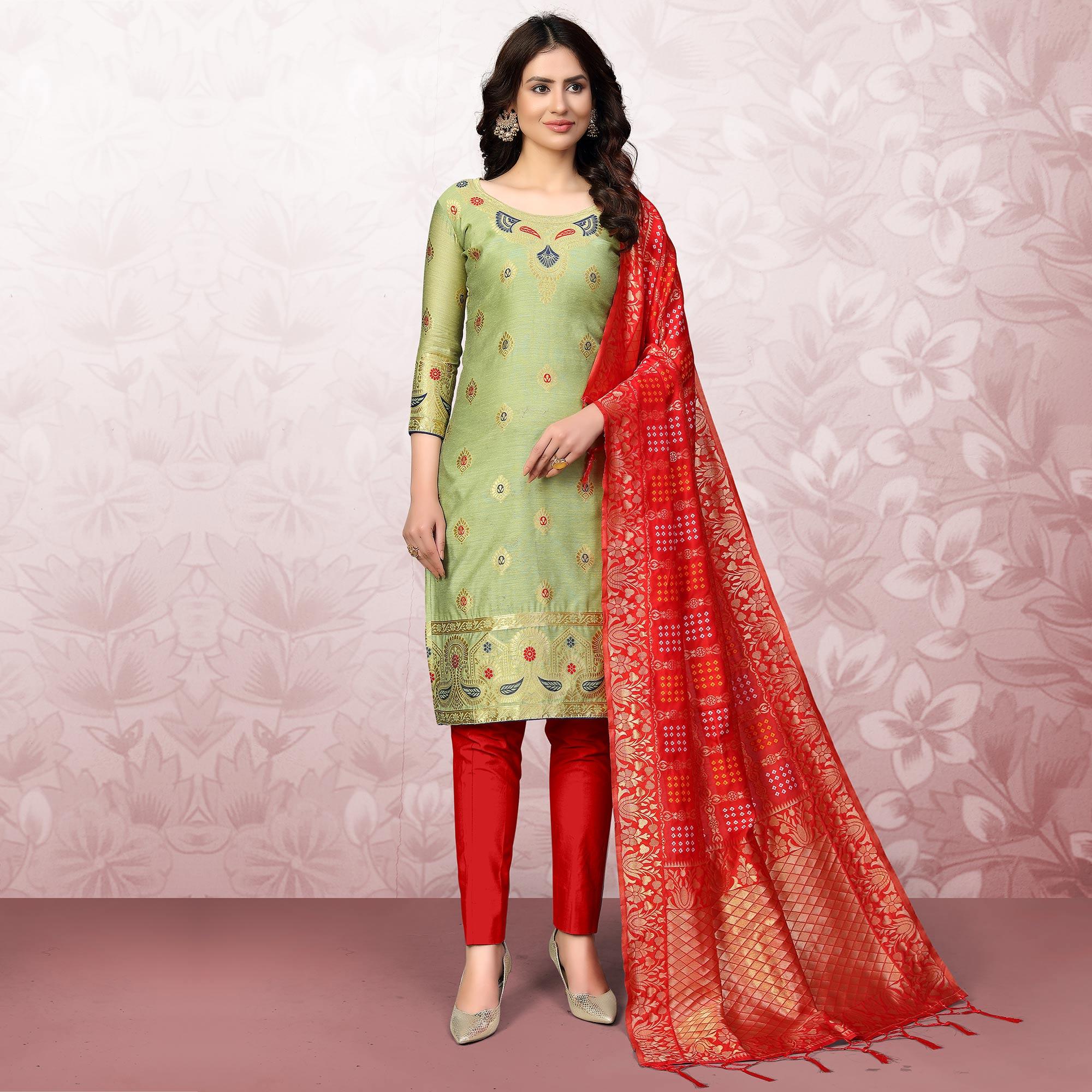 Intricate Pista Green Colored Festive Wear Woven Banarasi Silk Dress Material - Peachmode