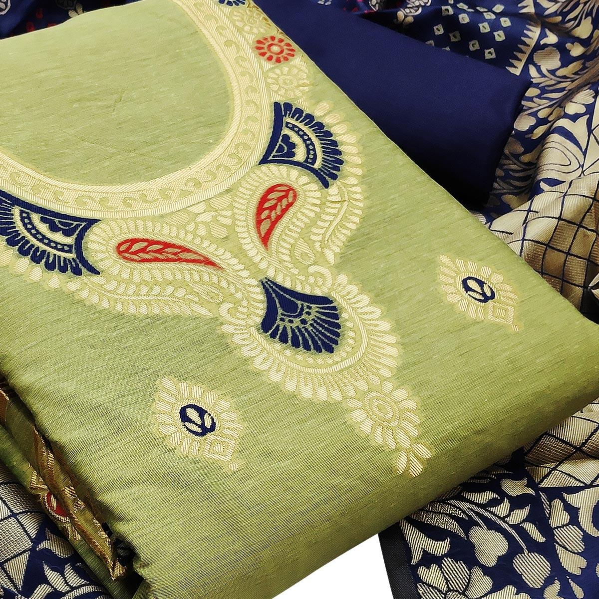 Intricate Pista Green Colored Festive Wear Woven Banarasi Silk Dress Material - Peachmode