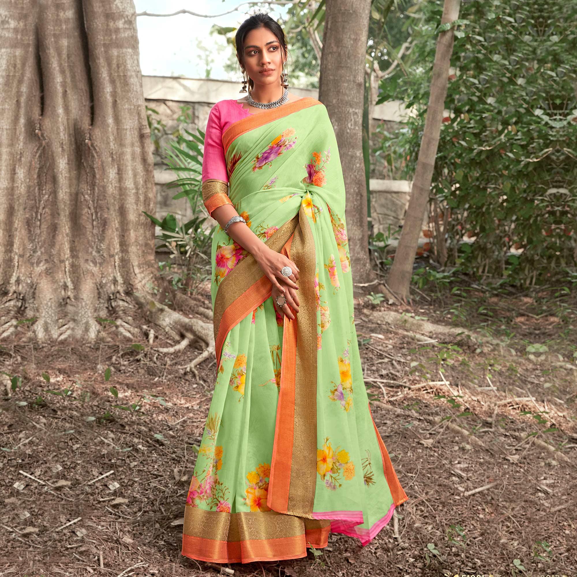 Intricate Pista Green Colored Partywear Floral Printed Linen Silk Saree - Peachmode