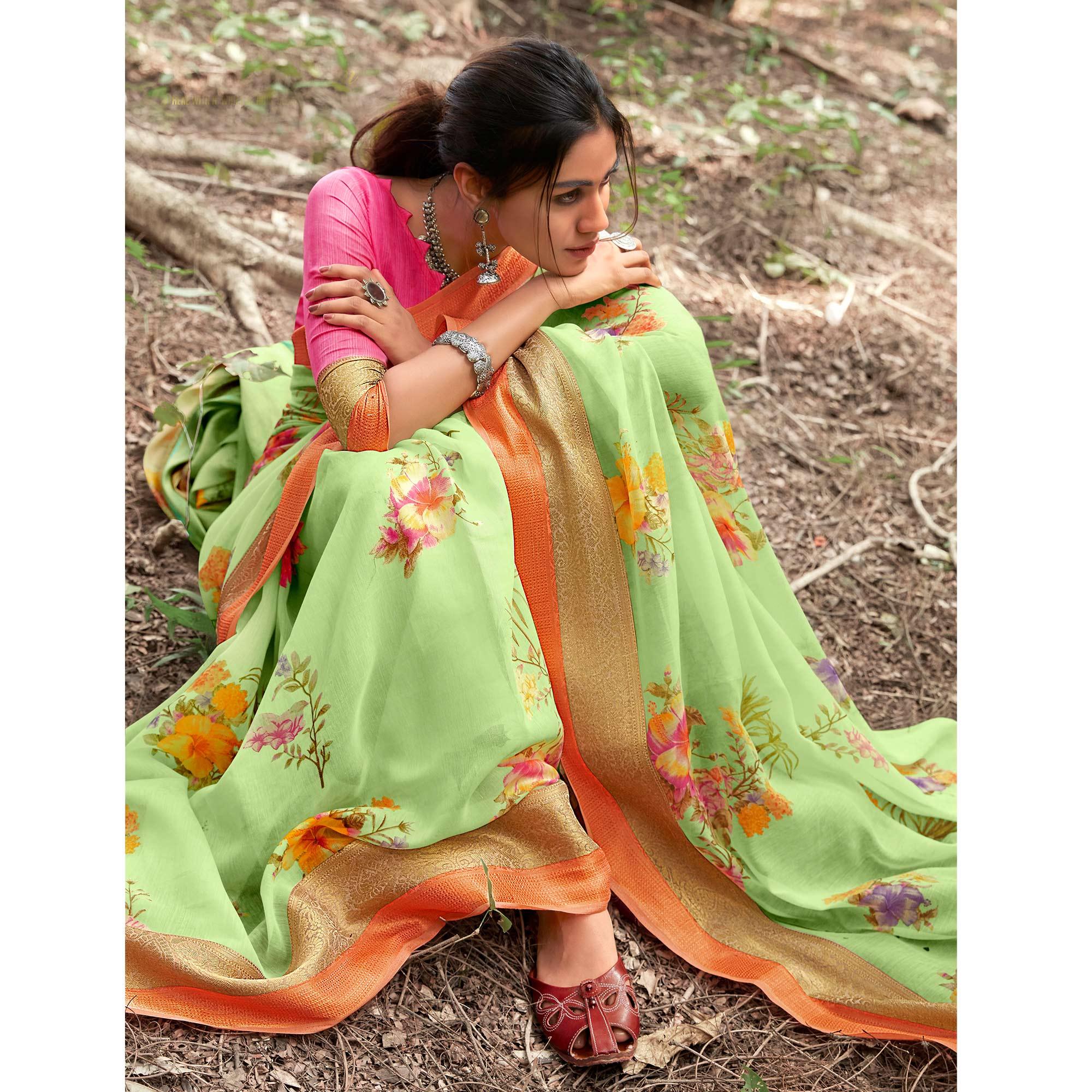 Intricate Pista Green Colored Partywear Floral Printed Linen Silk Saree - Peachmode