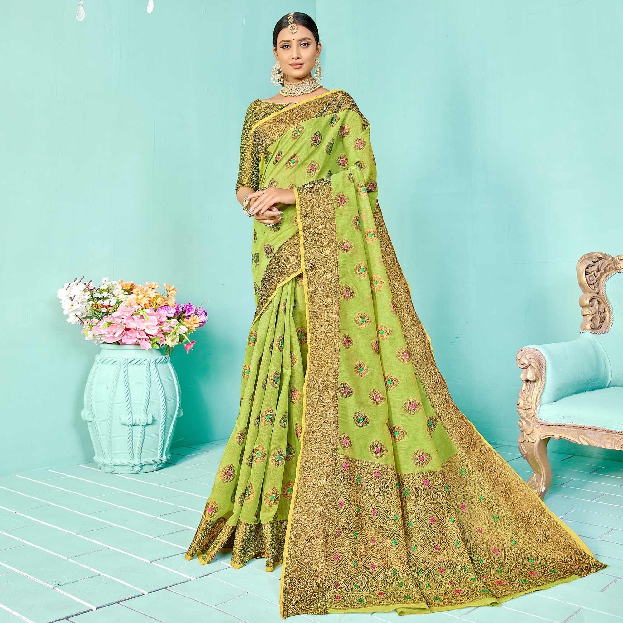 Intricate Pista Green Festive Wear Woven Designer Silk Saree - Peachmode