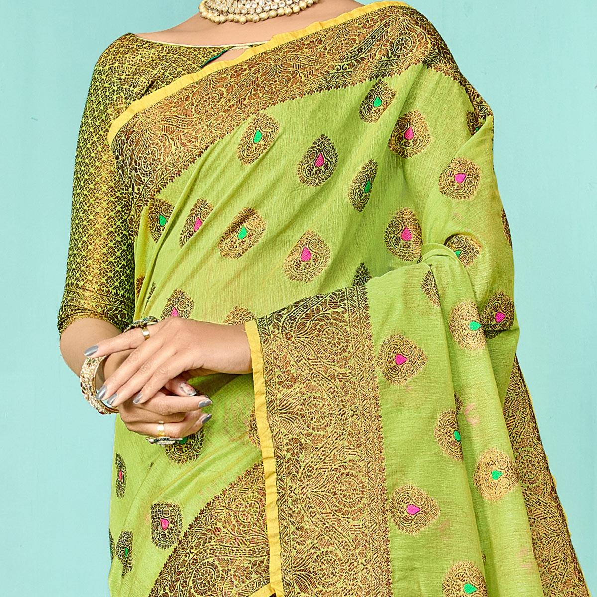 Intricate Pista Green Festive Wear Woven Designer Silk Saree - Peachmode