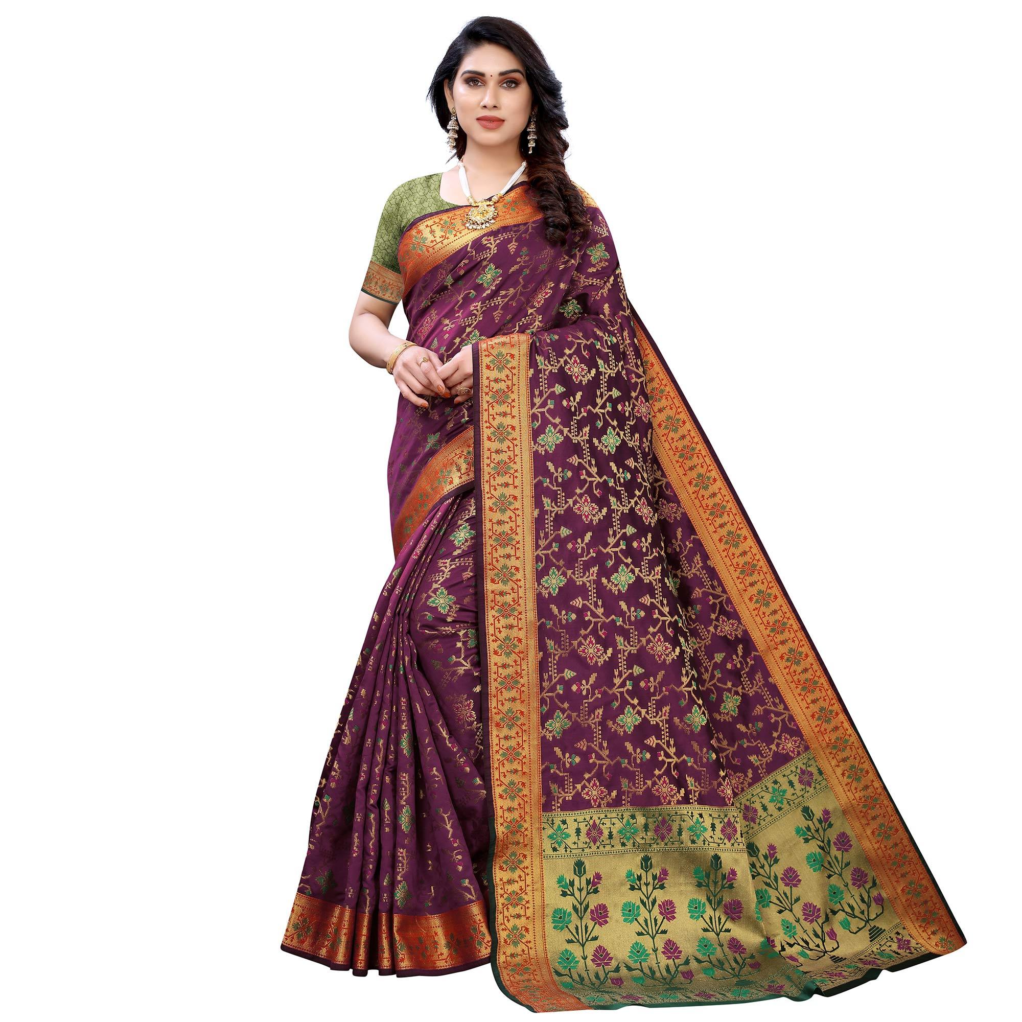 Intricate Purple Colored Festive Wear Woven Silk Saree - Peachmode