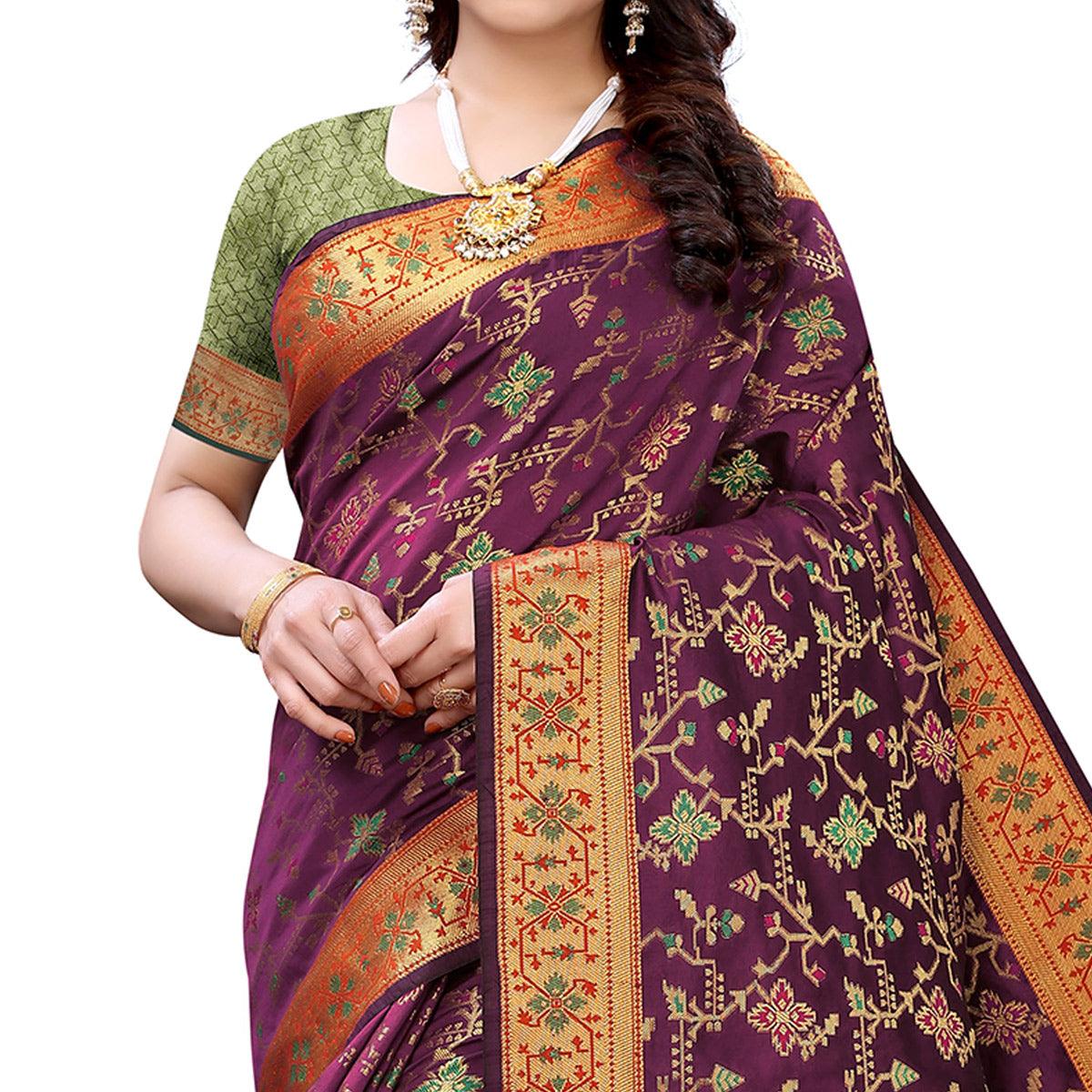 Intricate Purple Colored Festive Wear Woven Silk Saree - Peachmode