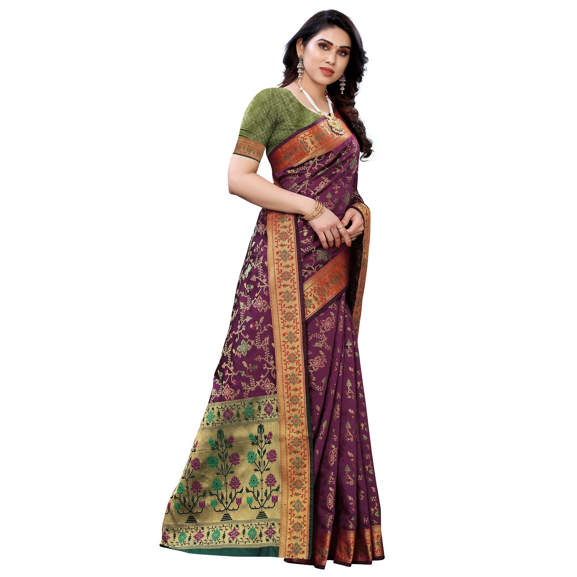 Intricate Purple Colored Festive Wear Woven Silk Saree - Peachmode